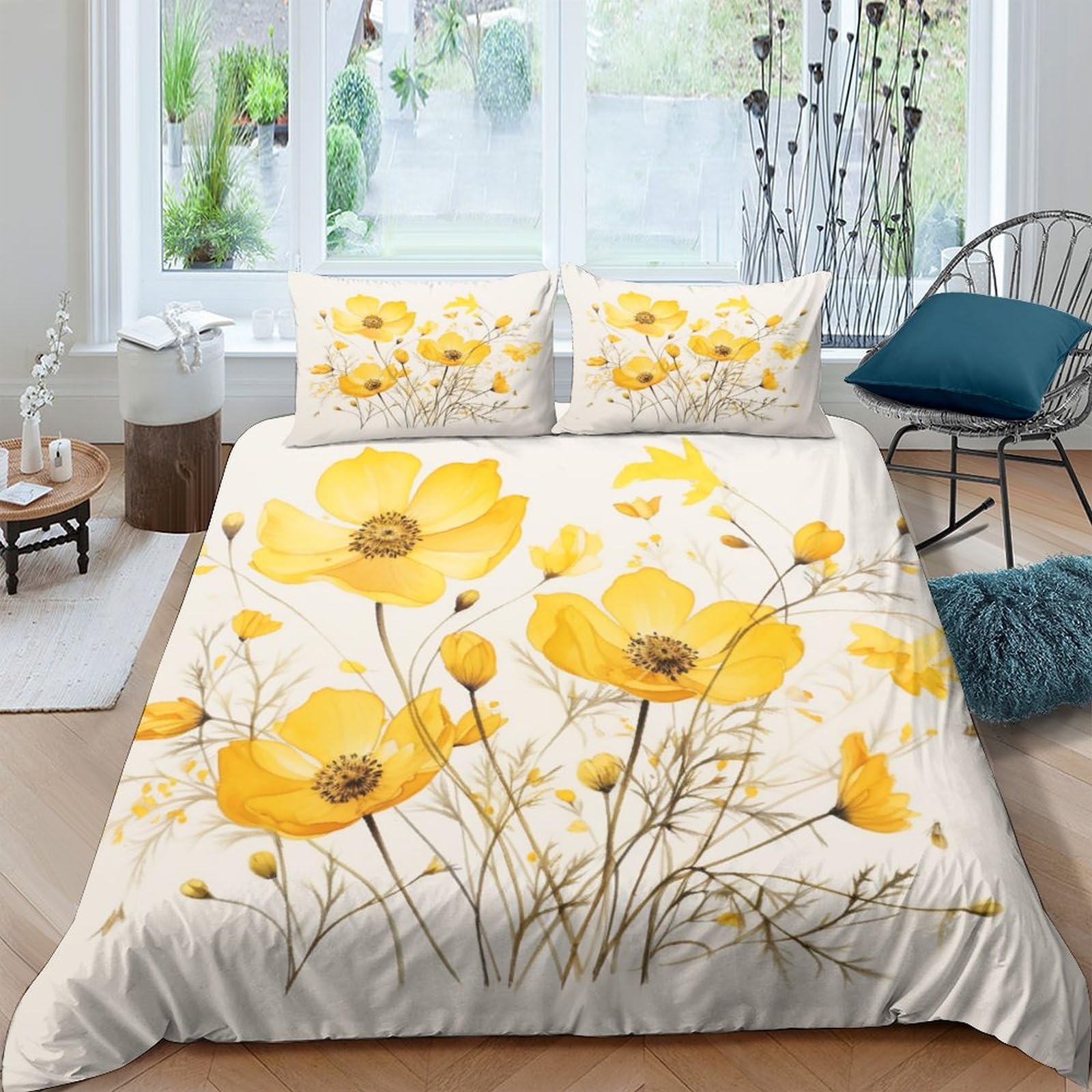 Housse de couette fleurs jaunes 220x240 pour embellir une chambre d'adulte moderne IOFEER