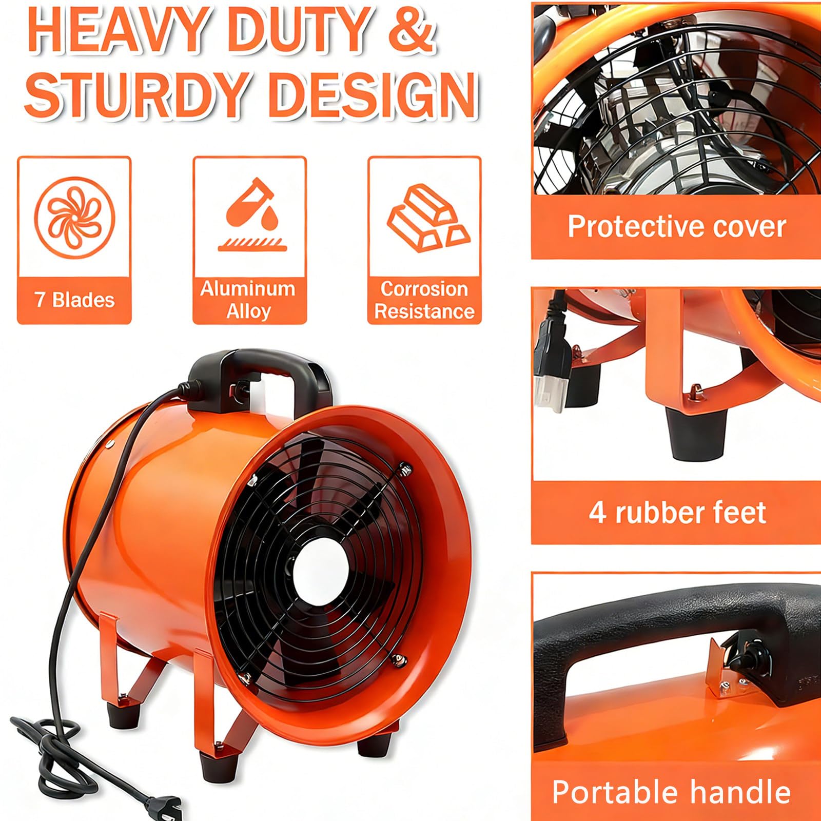 Ventilador de extracción Industrial portátil: con Manguera de extracción Larga, para construcción de tuberías y Naves industriales 10M-airduct-Φ9.8in