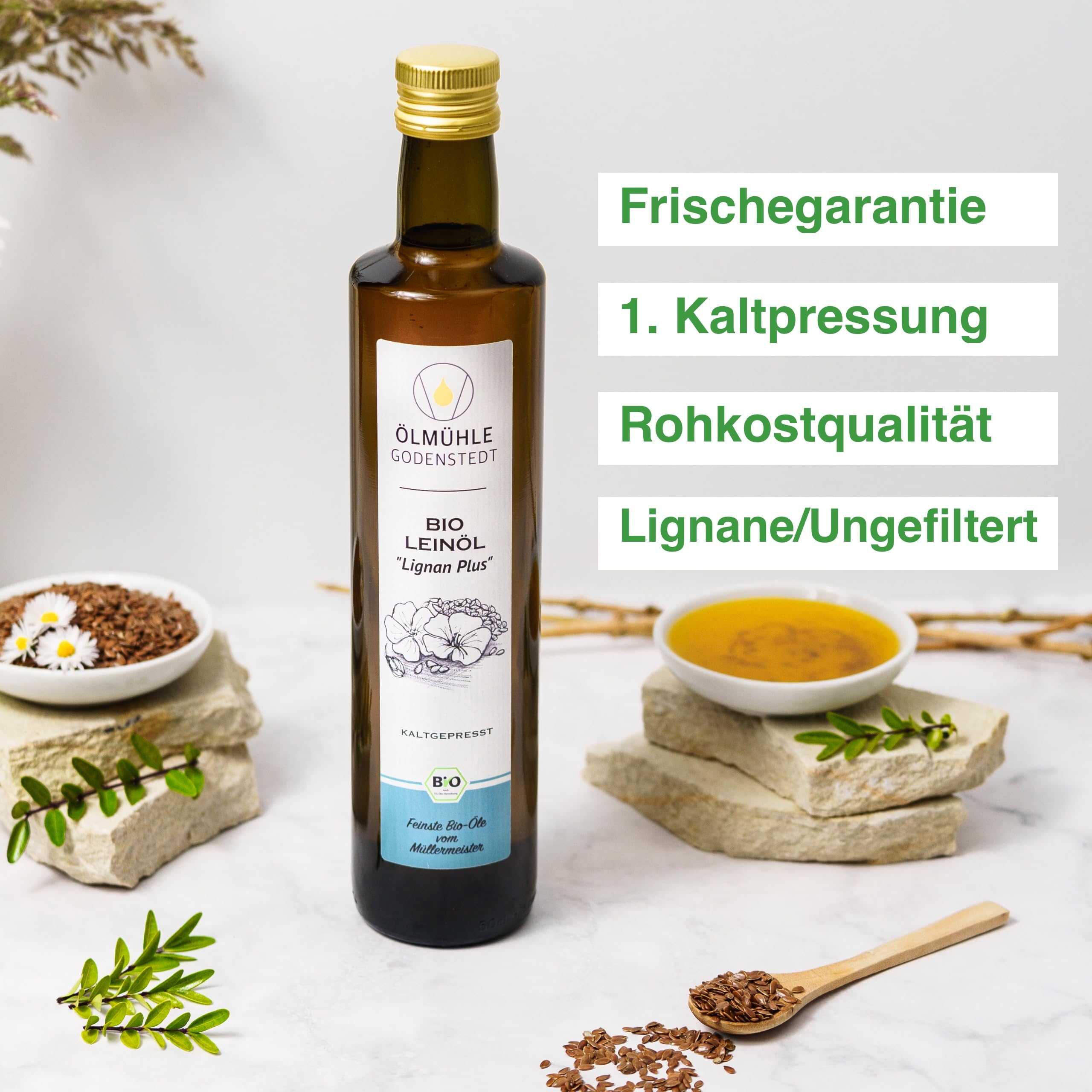 Bio Leinöl "Lignan Plus" 1000ml (2x500ml) | stets frisch kaltgepresst aus Bio Leinsaat, milder Geschmack | mit Öko-Strom in Deutschland hergestellt, direkt aus der Ölmühle Godenstedt - kurze Wege