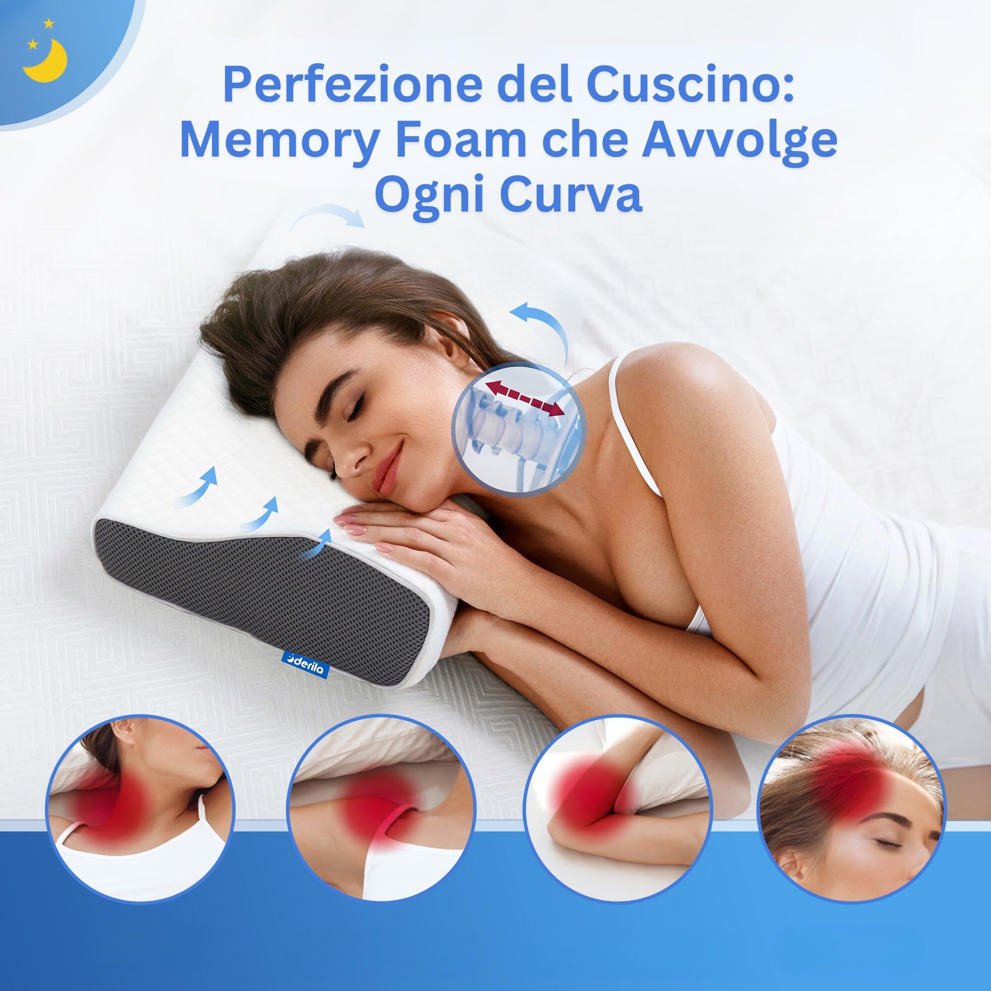 Derila Guanciale Memory Foam Cervicale Queen Size per Dormire | Design a farfalla. Confezione singola. Fodera rimovibile lavabile in lavatrice. Si espande in 24h.