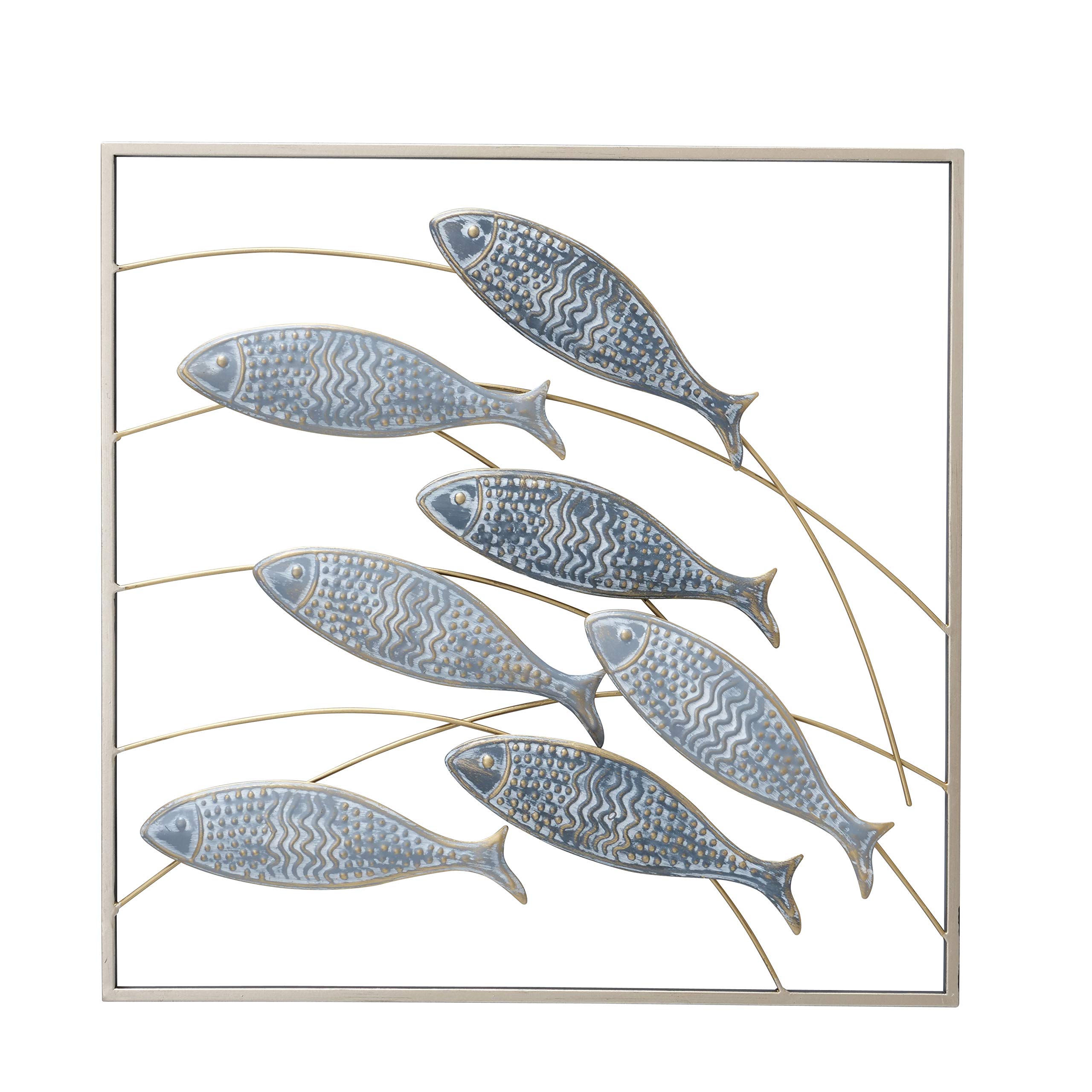 WHW Whole House WorldsFramed Shoal of Fish Metal Wall Decor, Abstract Primitive Bas-Relief Art, Painted, Textured and Incised Details, 19.75 x 19.75 Inches