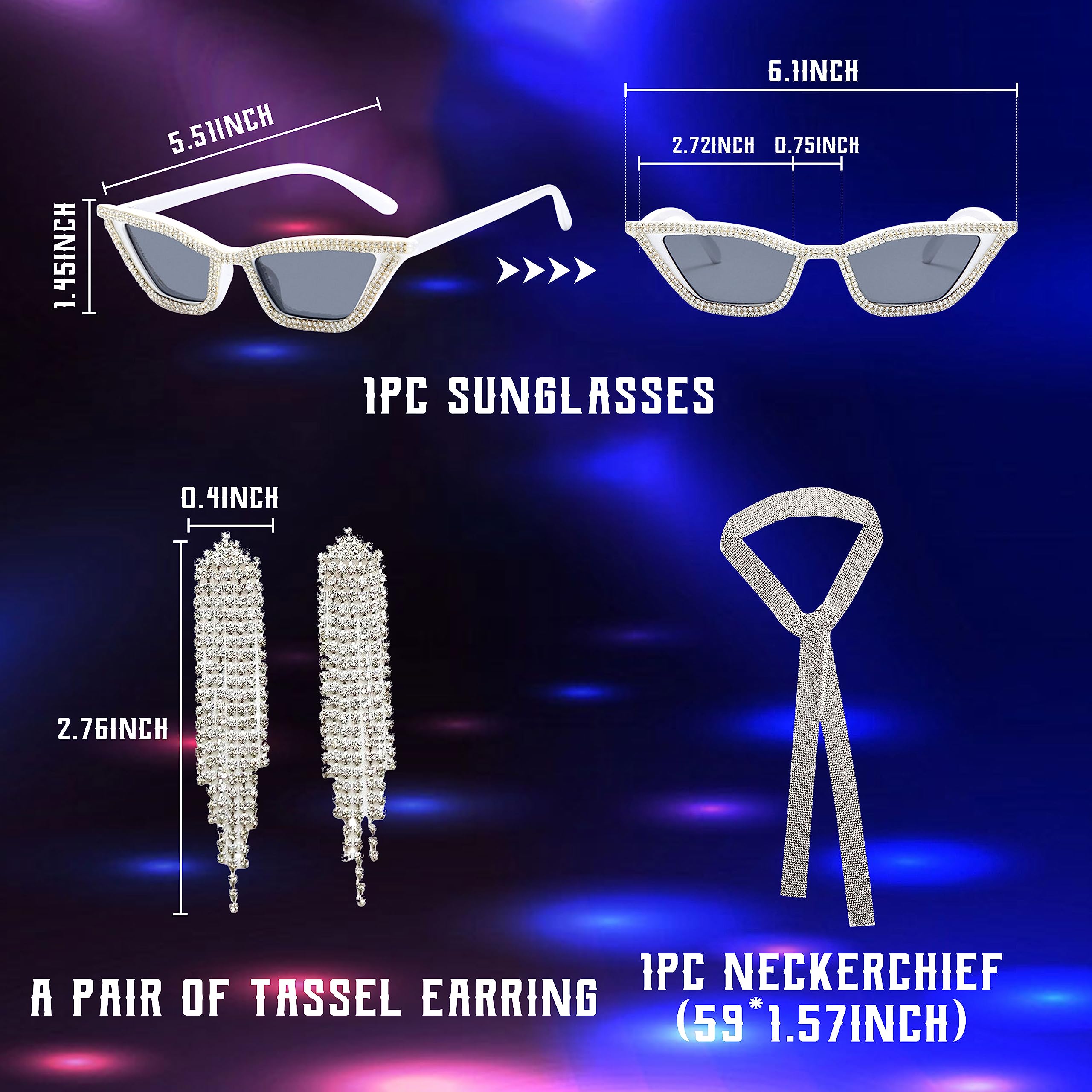 LaVenty Set of 3 Disco Party Outfit Women Disco Ball Earrings Necklace Rhinestone Glasses Club Musical Festival Outfit