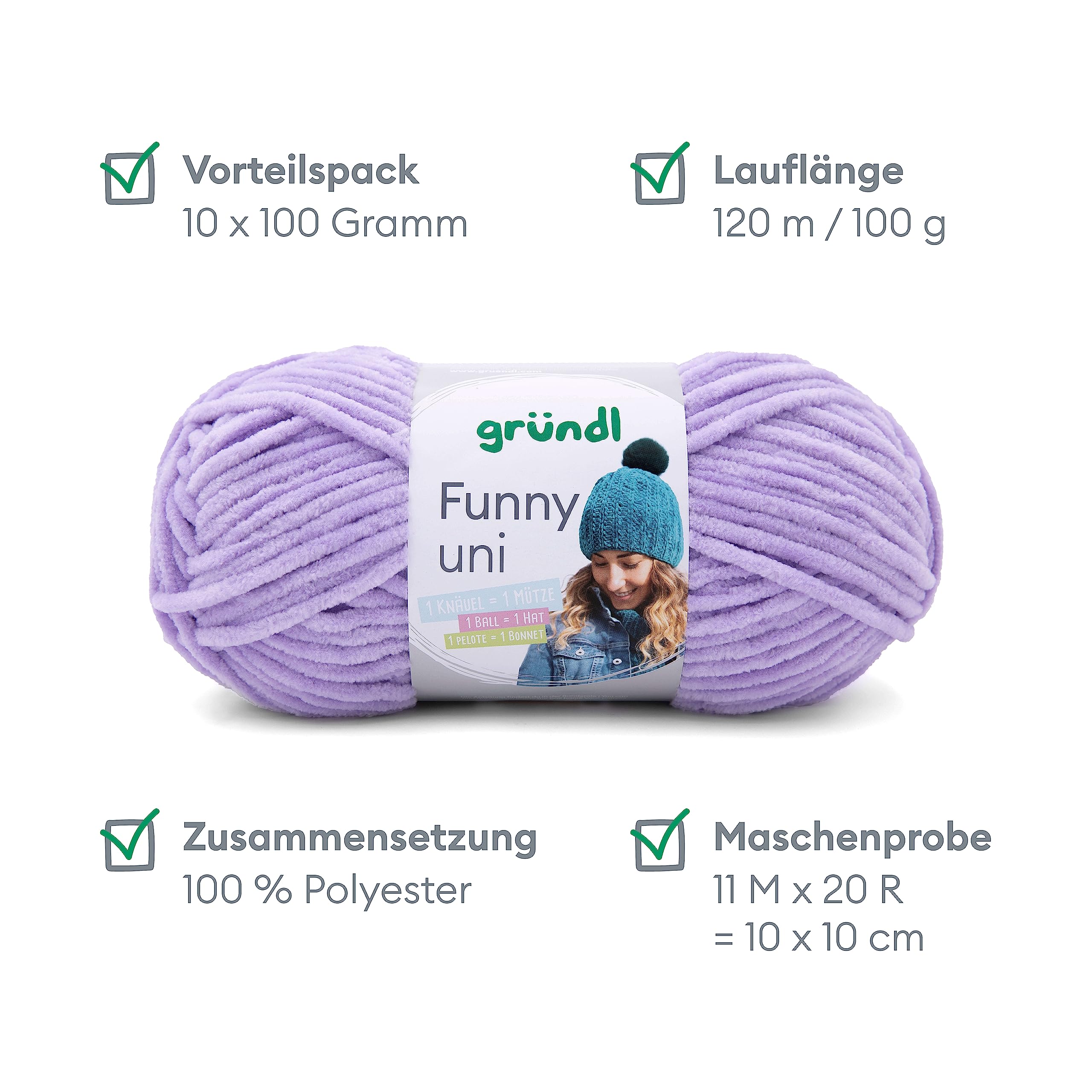 Gründl Funny uni włóczka do robienia na drutach i szydełkowania (aksamitna przędza szenilowa ze 100% poliestru, 10 x 100 g/120 m, grubość drutów: 5-6), lawendowa