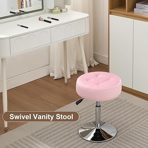 Miniatura 4 de Taburete giratorio otomano para maquillaje, taburete para tocador, altura ajustable, terciopelo rosa claro