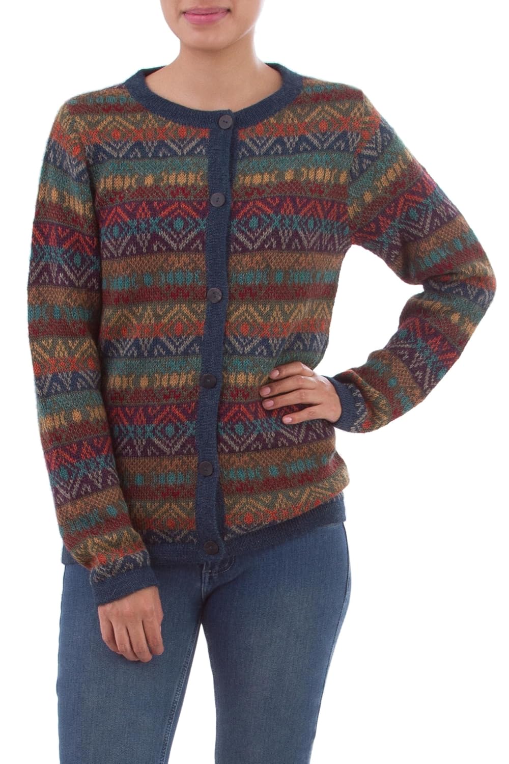 NOVICA Artisan Handmade Alpaca Cardigan Wool Multicolor with Buttons Clothing Sweater Blue Patterned Peru Diamond Variety
