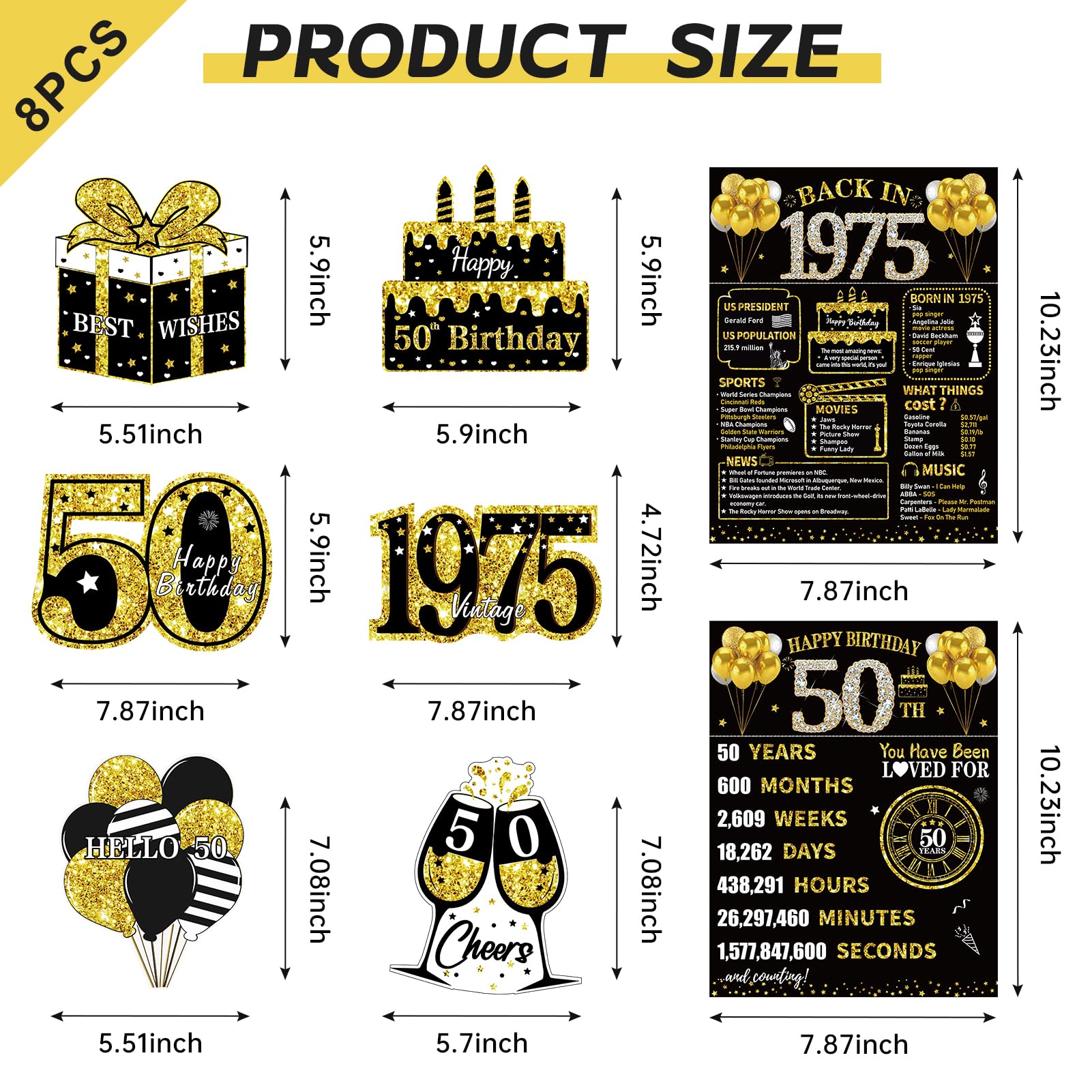 Kuxriox 8Pcs Happy 50th Birthday Decorations for Men Women, Black Gold Vintage 1975 Honeycomb Centerpieces Tables Toppers Decor, 50 Year Old Birthday Party Supplies Table Sign