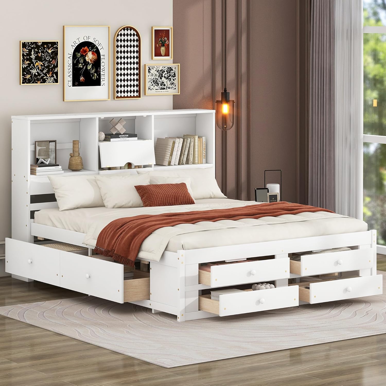 LUMISOL Queen Size Bed Frame with 8 Drawers, Queen Size Wood Platform Bed with Storage Headboard, No Box Spring Needed, White
