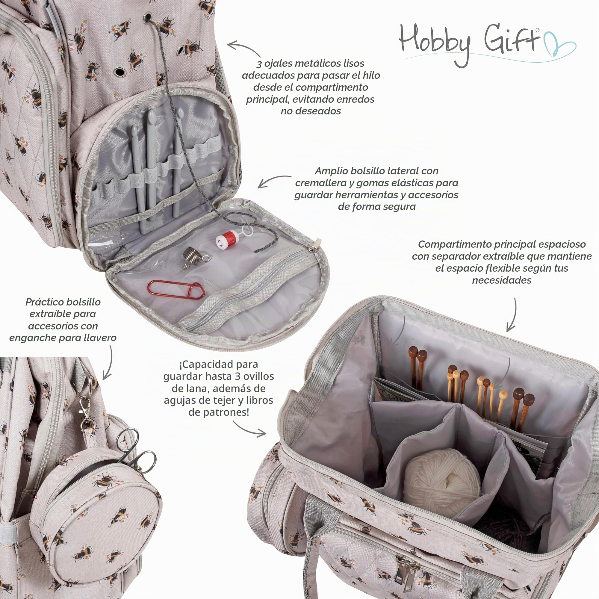 Hobby Gift Mochila Crafters Bee: Mochila Duradera e Impermeable para Guardar Hilos con múltiples Compartimentos, Panel Organizador y Orificios Reforzados para Hilos, 28x24x43cm
