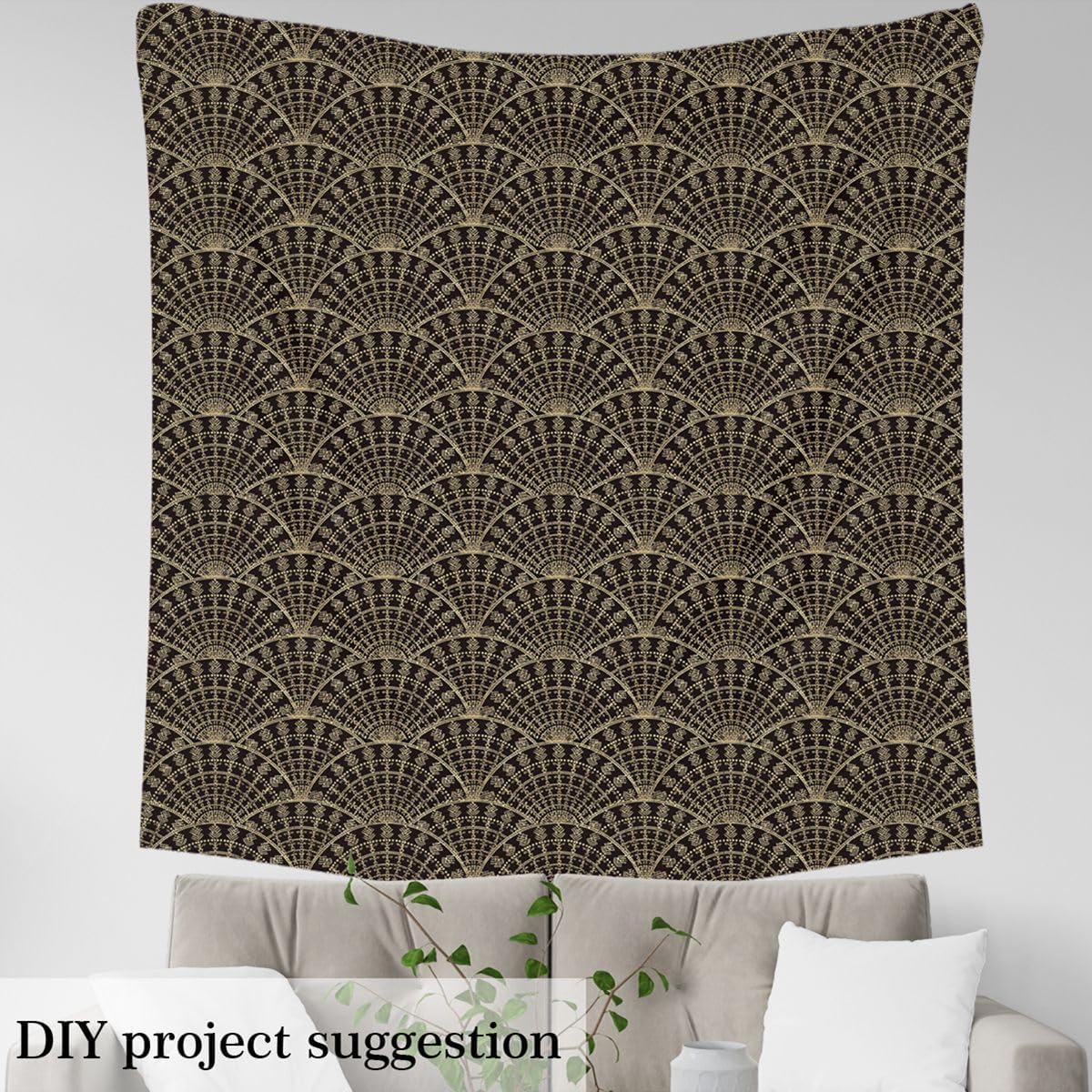 Erosebridal Geometrical Wavy Fabric by The Yard - Ethnic Upholstery, Golden & Black Fan Shaped Feathers Banners, Decorative Fabric, Fish Scale Abstract Indoor/Outdoor, 3 Yards