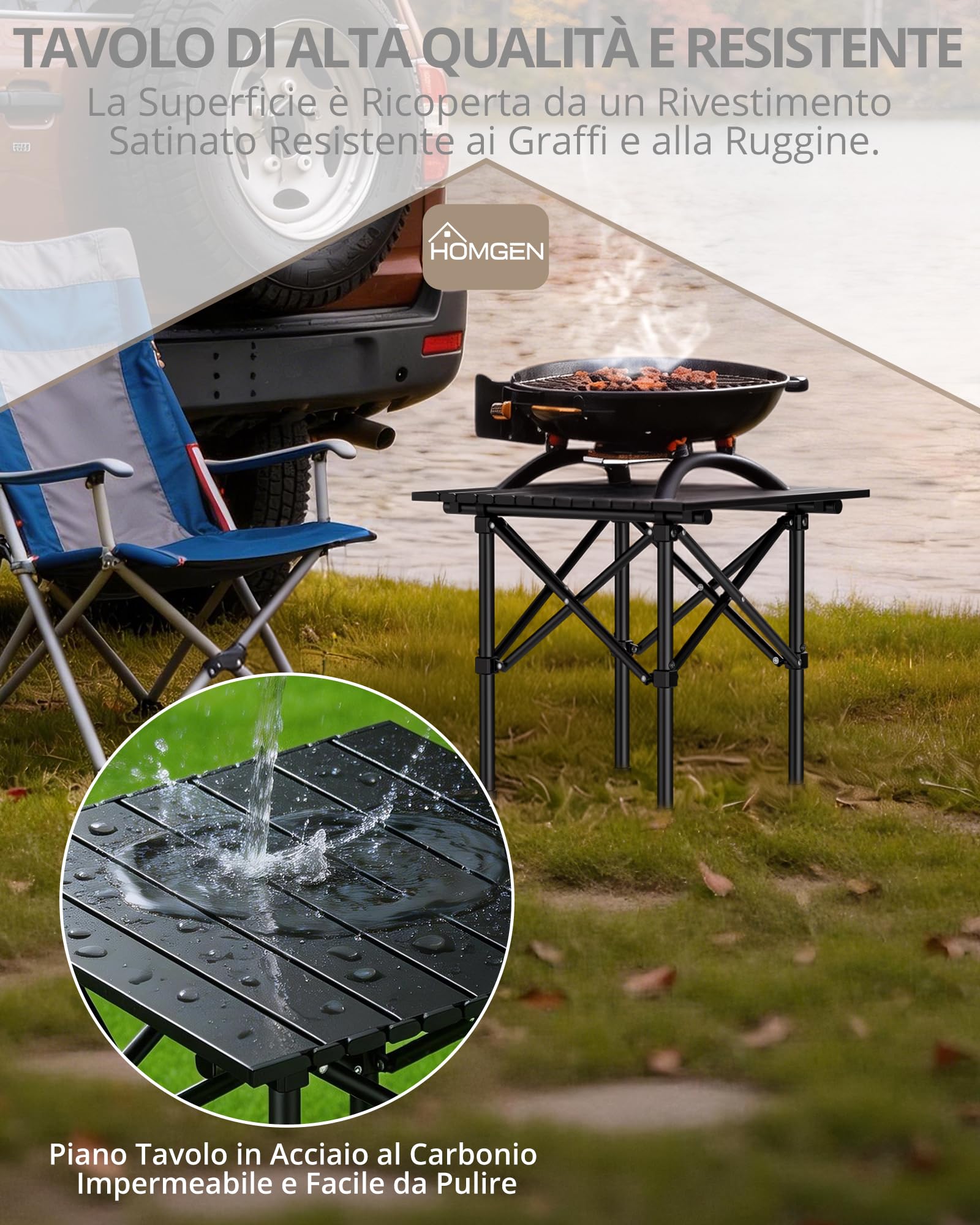 HOMGEN Tavolino Pieghevole da Campeggio in Acciaio Carbonio 40x40x40cm, Stabile Anti-Shake, Montaggio in 3 Passaggi, Ultraleggero 1.7kg, Portatile per Spiaggia Balcone Picnic con Borsa di Stoccaggio