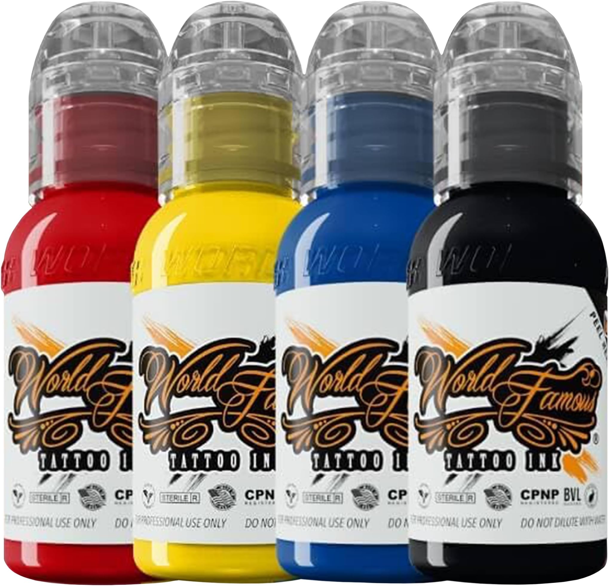 World Famous Traditional Mini Tattoo Ink Pigment Set of 4, Vegan, Professional Supplies, 1oz Bottles, Sailor Jerry Red, Blackout, Illuminati Yellow, Navy Seals Blue
