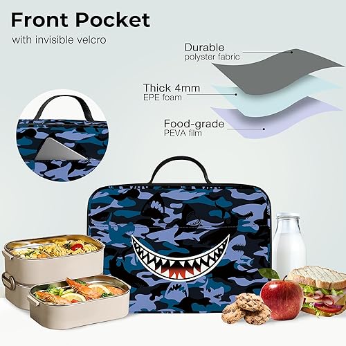 Miniatura 5 de Clastyle Monster - Lonchera térmica para niños, bolsa térmica grande para niños, picnic, escuela, lonchera, bolsa de almuerzo, tiburón sonriente