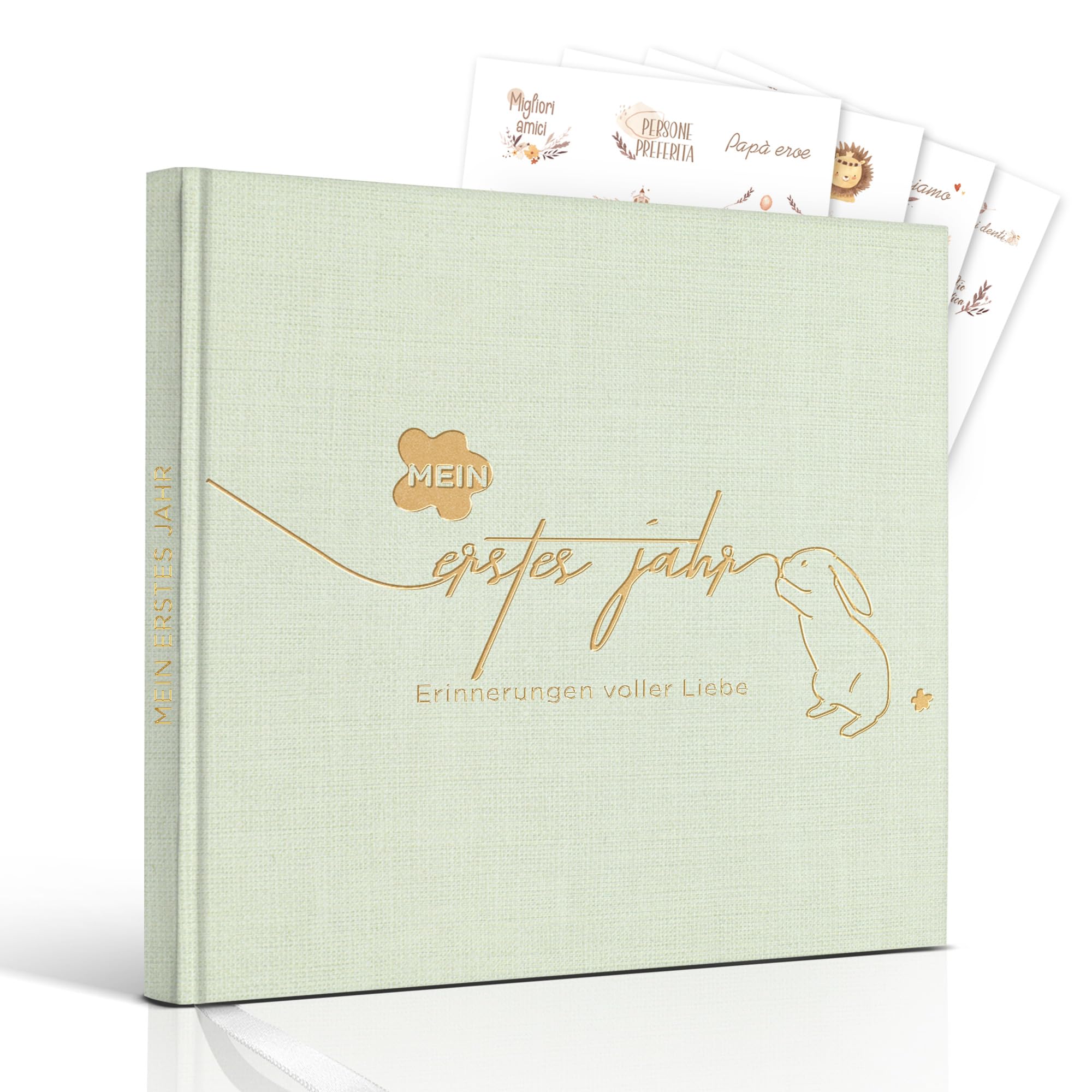 Baby Erinnerungsbuch für das erste Jahr ab Geburt – Leinen Babyalbum in Grün, 84 Seiten für Meilensteine & Fotos, Tagebuch für Neugeborene, Geschenk zur Geburt