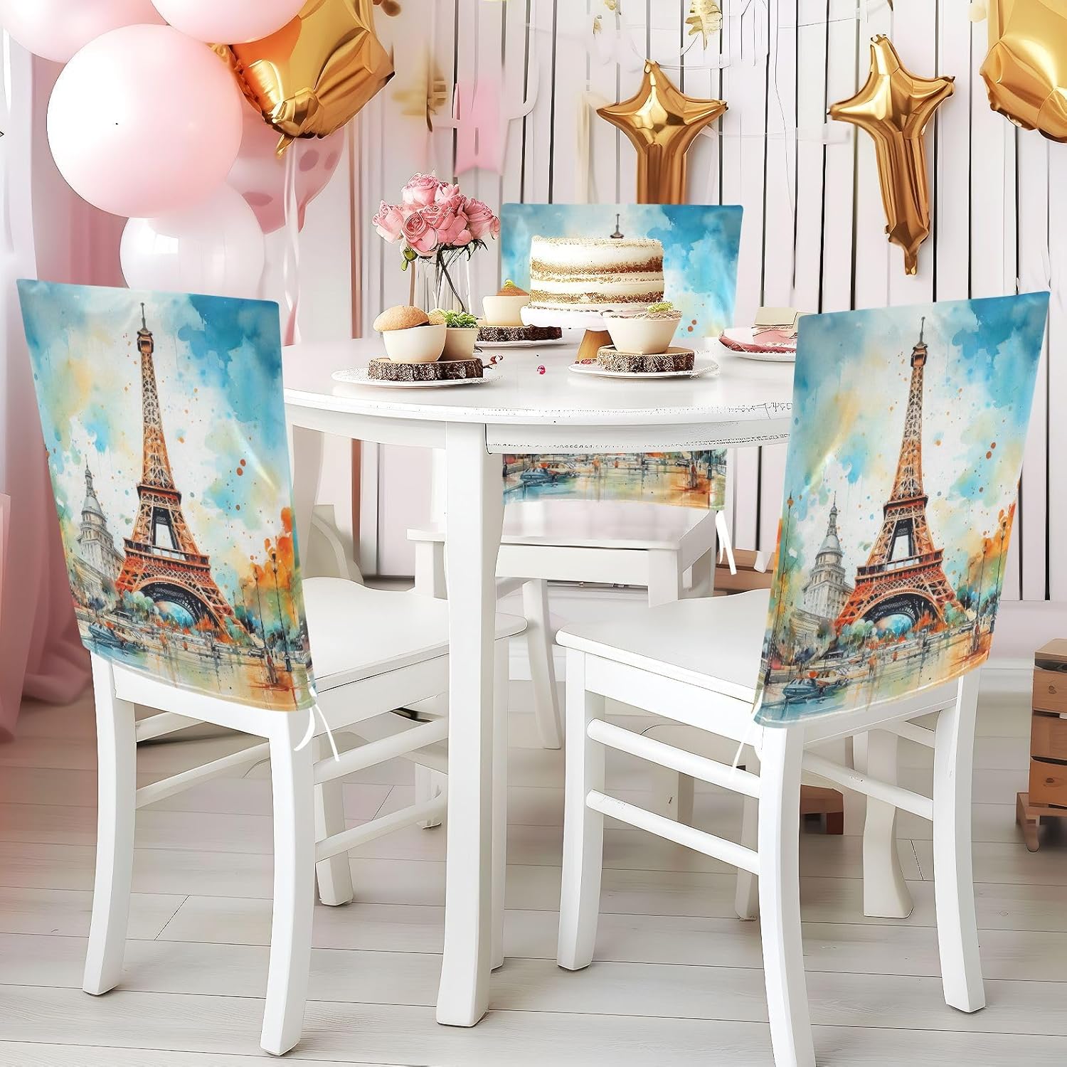 ALAZA Vintage Eiffel Tower Chair Back Cover Set of 6, Washable Reusable Removable Chair Slipcovers Decorative Chair Cover for Home Kitchen Wedding Party