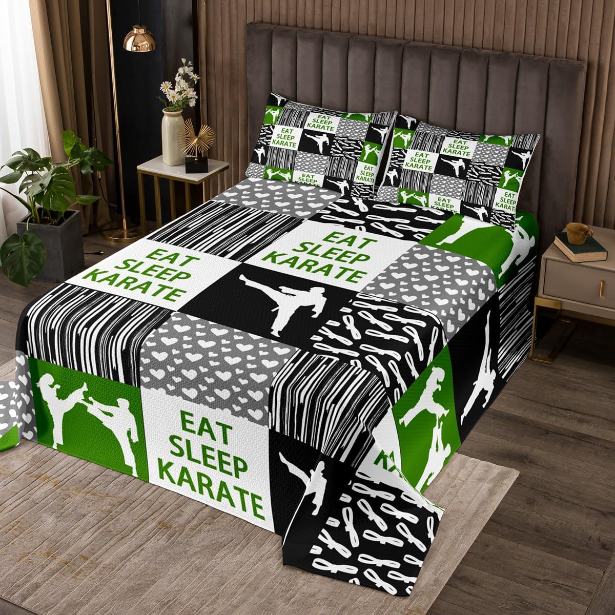 Homemissing Juego de colcha de decoración de karate, tamaño doble, moderna, geométrica, funda de ropa de cama de arte marcial, colección de ropa de cama verde karate para niños, niñas y adultos