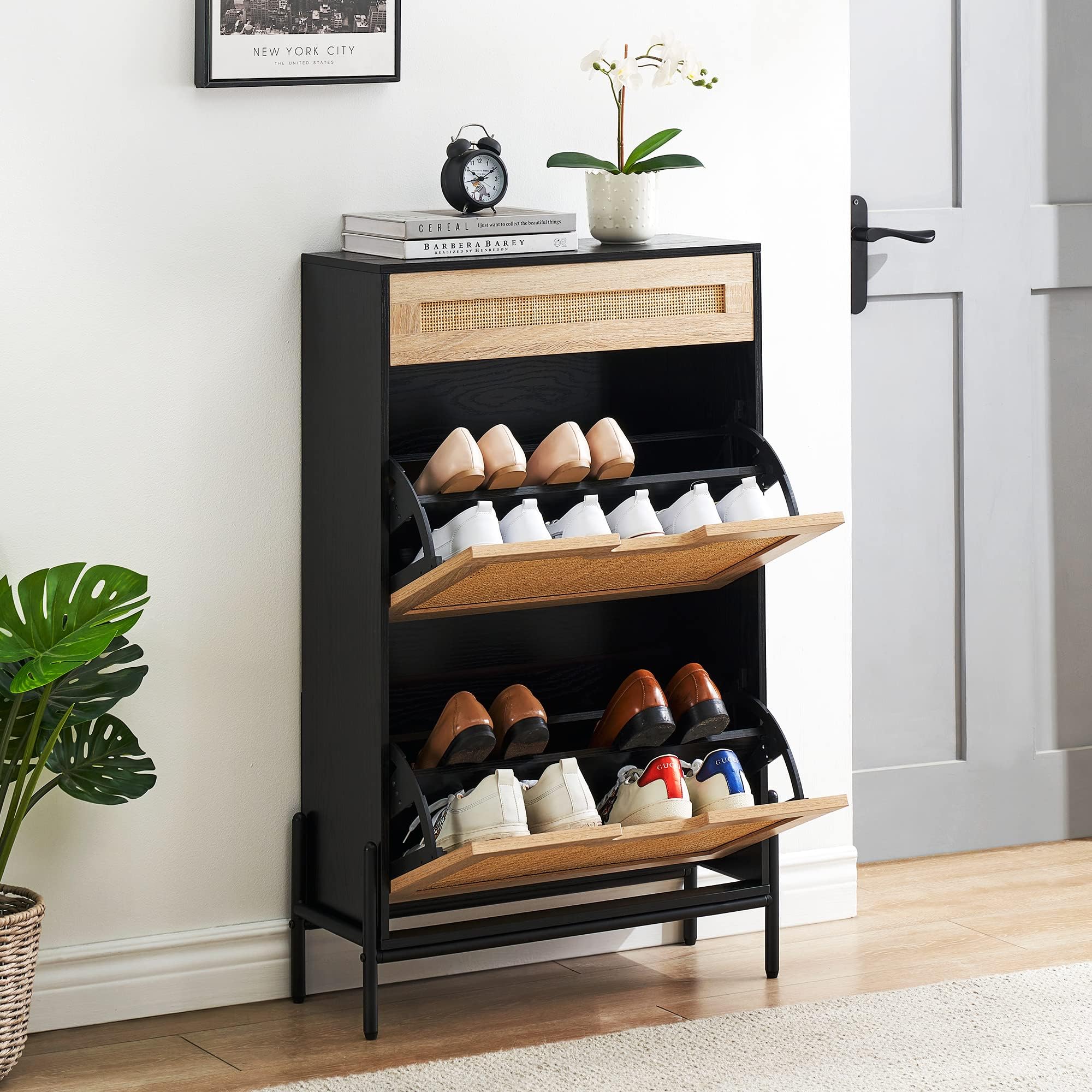 OUTGOODS Shoe Storage Cabinet for Entryway, Shoe Cabinet with Drawer 2 Flip Doors, Wood Shoe Rack Freestanding Shoe Organizer with Metal Legs for