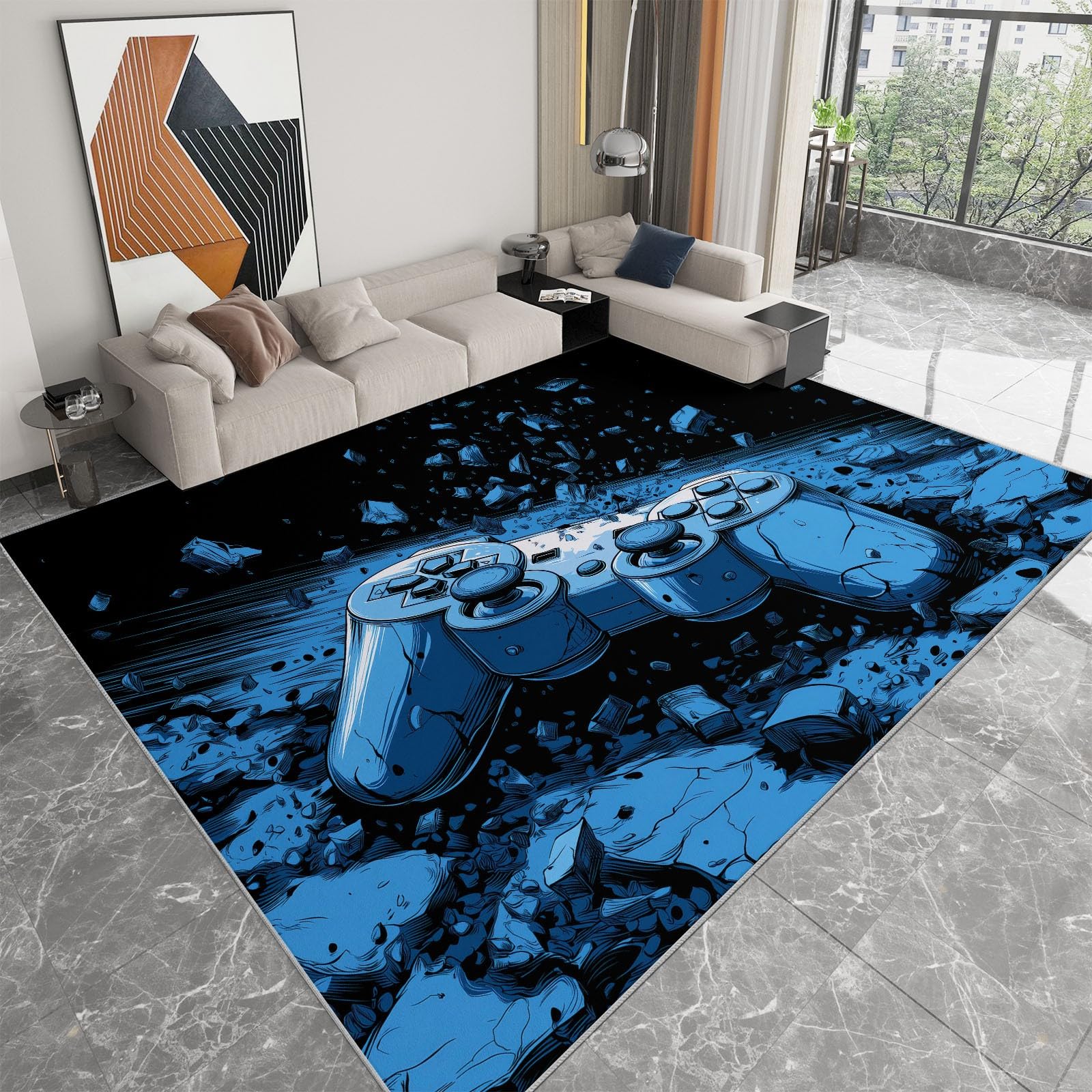 Geometrie-Spiel Crack Teppich 80 x 150 cm, Rutschfester Blauschwarz Teppiche, Waschbarer Badteppich Wohnzimmerteppich für Küche, Flur, Esszimmer, Schlafzimmer, Büro