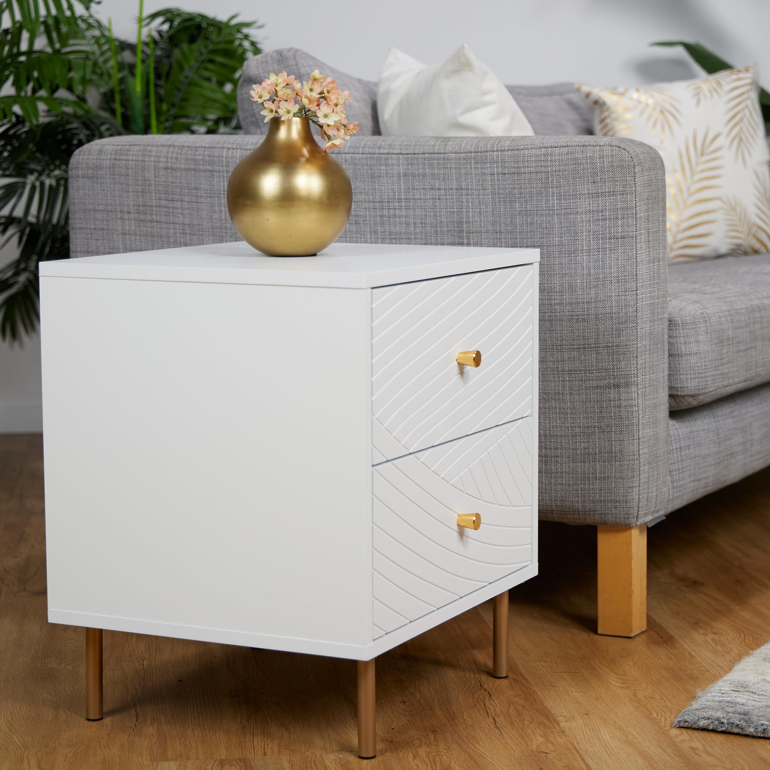Relaxdays 2 Mesitas de Noche con 2 Cajones, Mesilla Dormitorio, Mesas Auxiliares de Cama, 52 x 45 x 40 cm, Blanco/Dorado