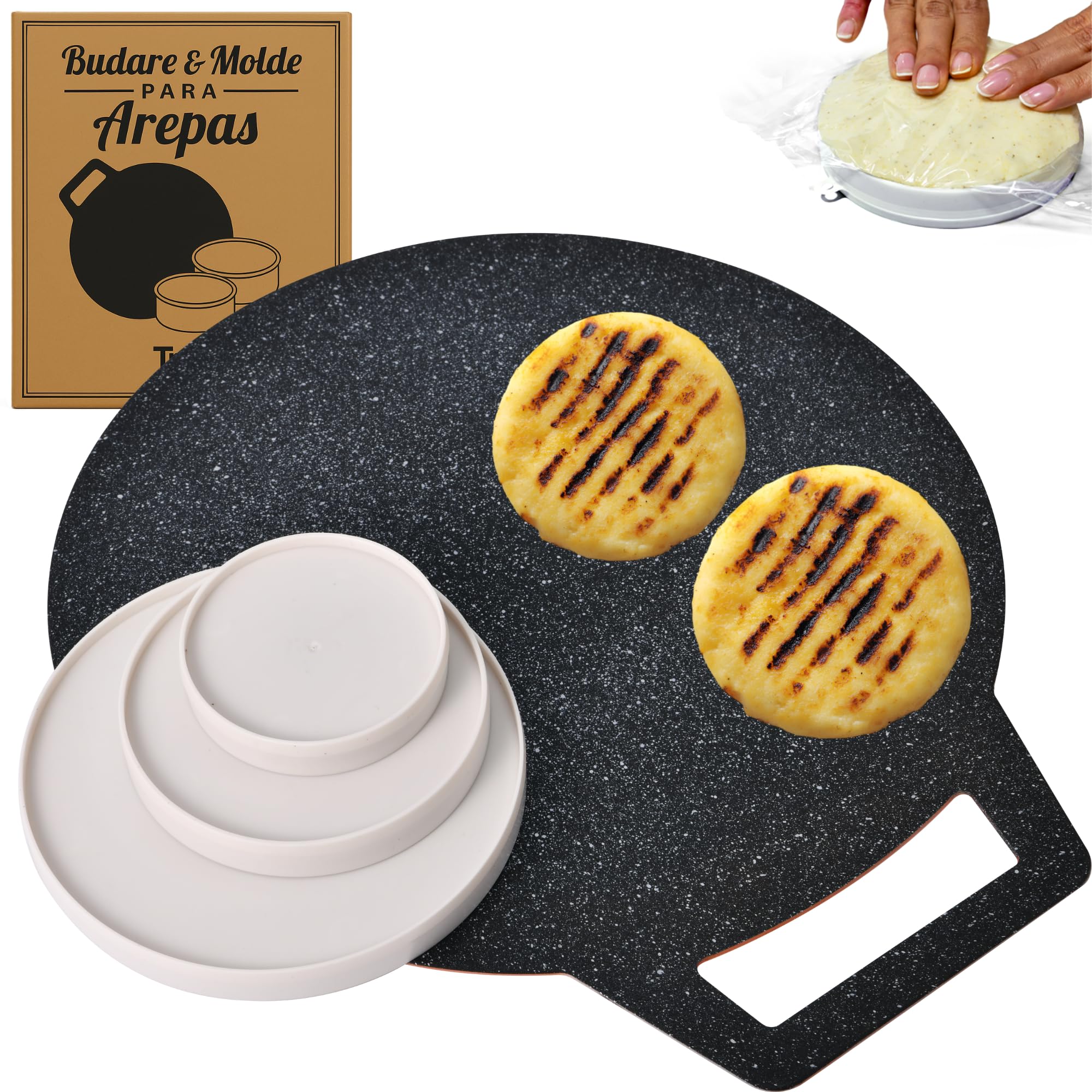 Budare para Arepas 12 + Molde para Arepas (5.9, 4.3, 3.1) – Plancha para Arepas Colombianas y Venezolanas – Budare para Arepas Venezolanas