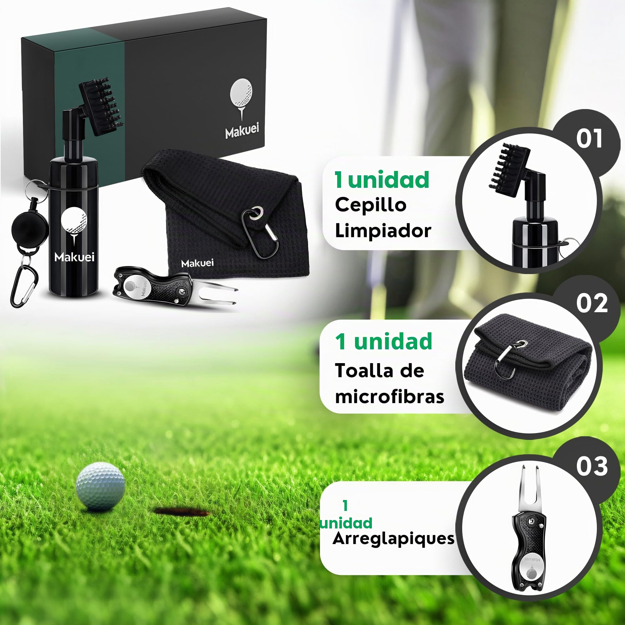 Accesorios de golf ideales para bolsa de golf (3 en 1)- Cepillo limpiador de palos de golf, arreglapiques golf y toalla de golf para dejar tus palos de golf perfectos ¡El regalo para golfistas idóneo!