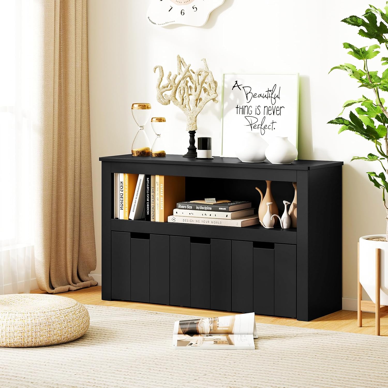 Toy Storage Organizer, Kids Bookshelf w/Removable Drawers, Playroom Organization & Storage, Small Bookcase for Children, Book Shelf for Kids Rooms, Living Room, Nursery (Black, 40''W)