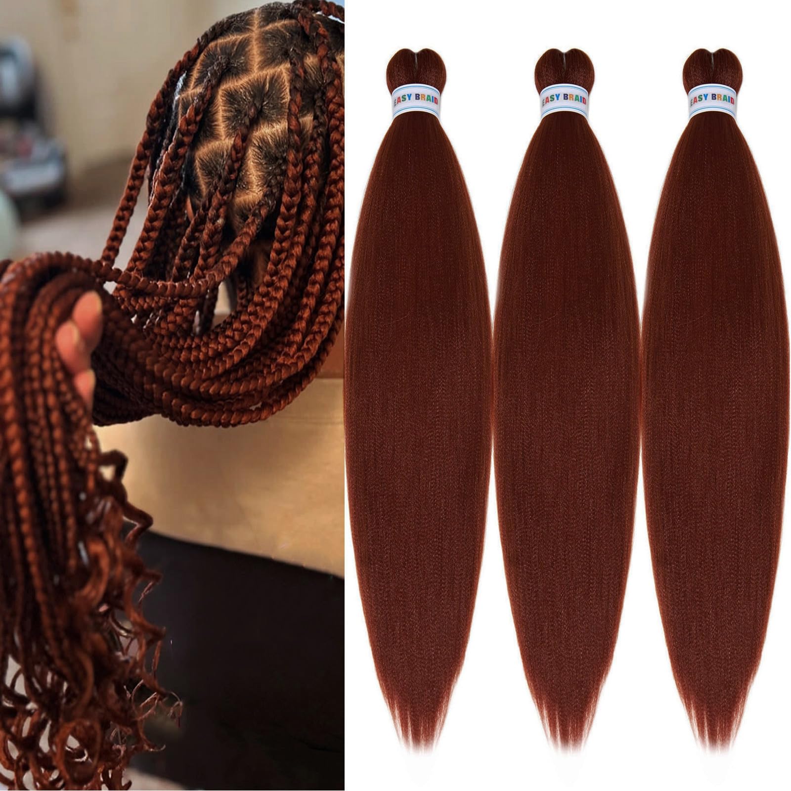 UPruyo Ginger 350 Braiding Hair Pre Stretched Kanekalo Prestretched Braiding Hair 26 Inch Brown Copper Auburn Braiding Hair Extensions for Box Braids