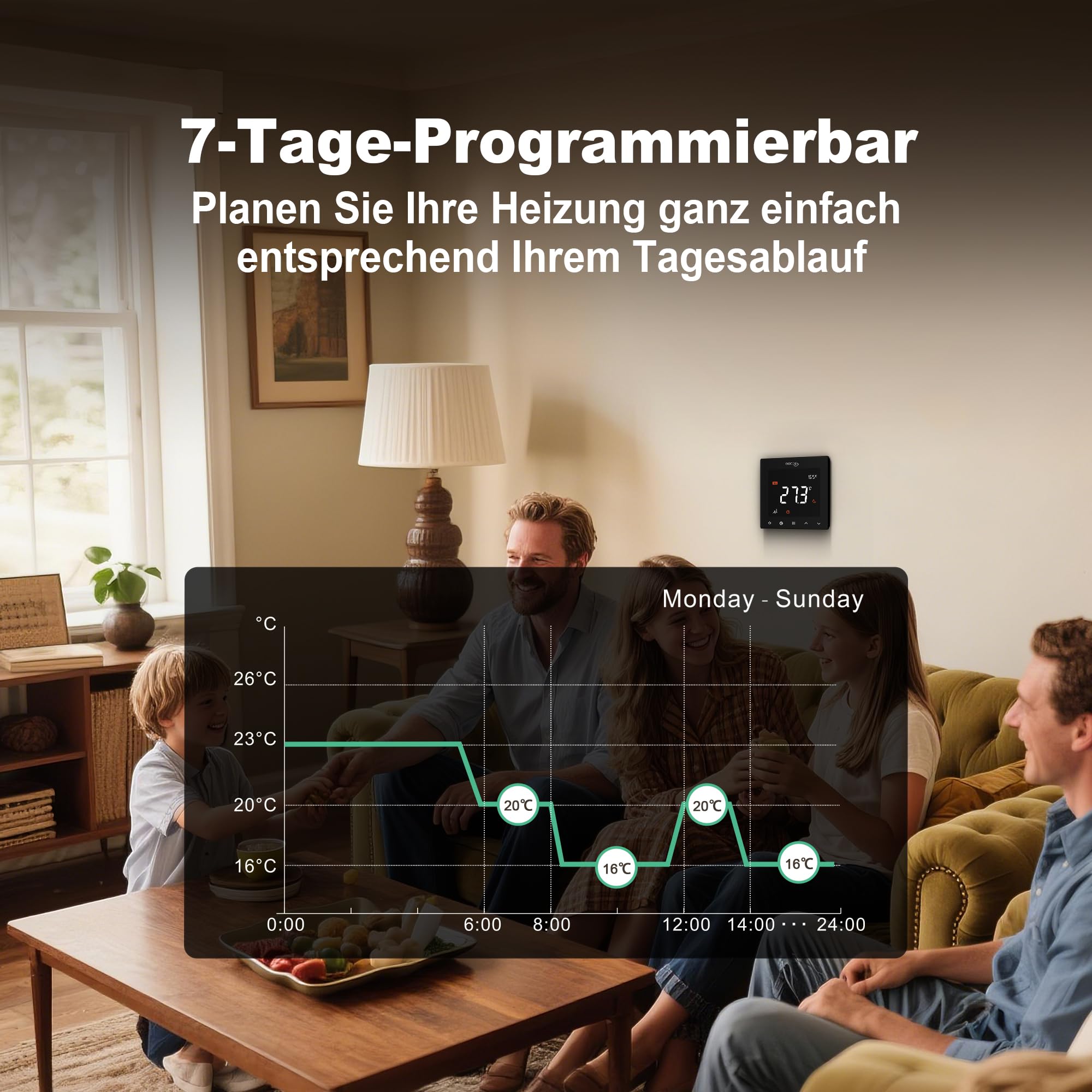 WLAN-Thermostat für elektrische Fußbodenheizung: Kompatibel mit Heizmatten und -kabeln, APP- und Sprachsteuerung (Alexa, Google Assistant), 240 V 16 A, Bodenschutzmodus, mit 100K NTC-Sensor