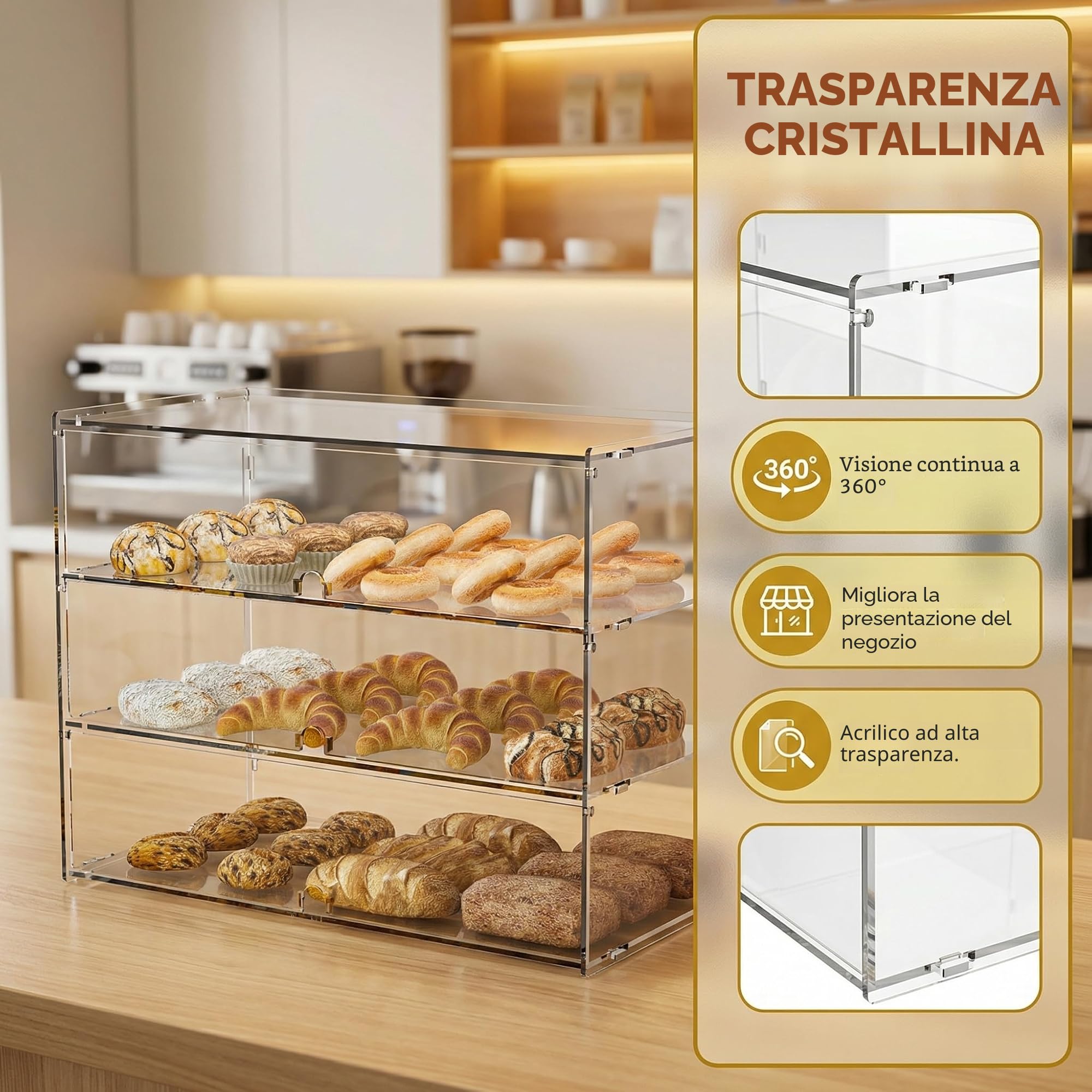 3 ripiani in acrilico trasparente per panetteria, vetrina da 5 mm, pannelli PETG ad alto impatto, 49.5 x 38 x 26 cm, porte anteriori con fori per le dita