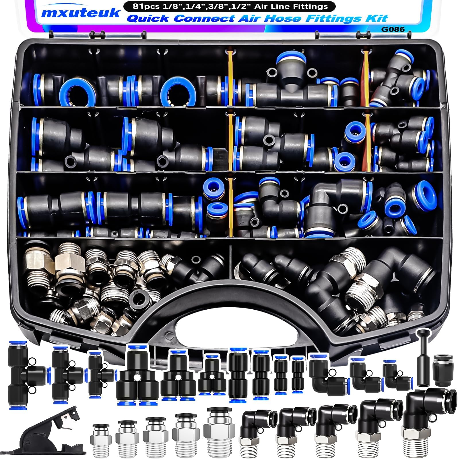81PCS Quick Connect Air Hose Fittings Kit,1/8",1/4",3/8",1/2" Push to Connect Fitting,Air Line Quick Connect Fittings,Quick Release Pneumatic Kit