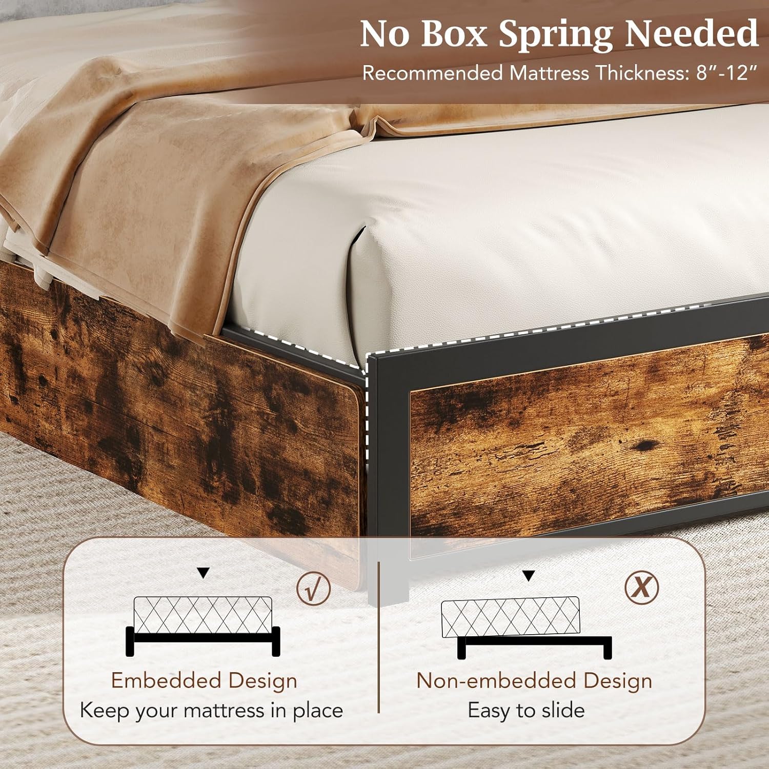Giantex Queen Size LED Bed Frame with Charging Station & 4 Storage Drawers, Heavy Duty Metal Platform Bed with 2-Tier Storage Headboard, Noise Free, No Box Spring Needed, Rustic Brown