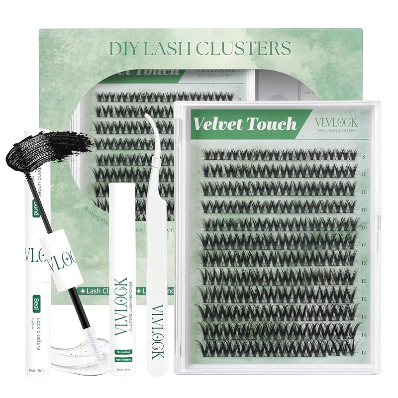 VLVLOCK Kit de Cílios em Tufos Velvet Touch D Curly 8–14 mm com Cola e Pinça
