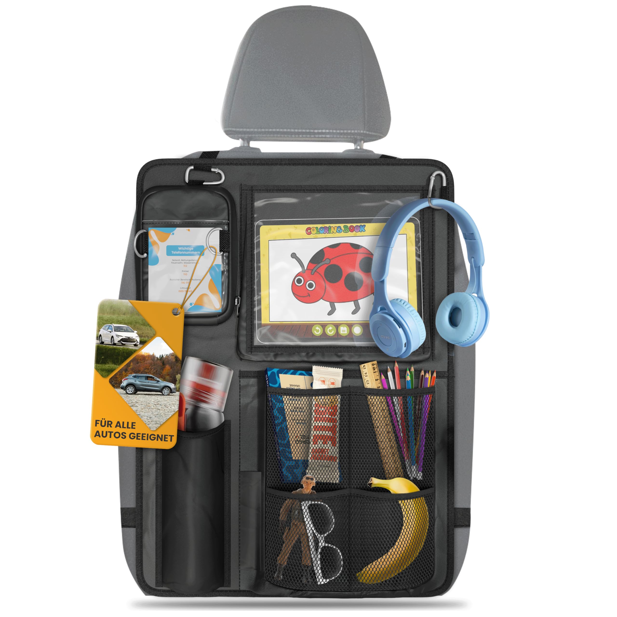 Good VIBES® 2 organizer per seggiolini auto per bambini, 45 x 60 cm, per tablet, borraccia, giocattoli e altro ancora, organizer regolabile per sedili posteriori per bambini con cintura extra lunga