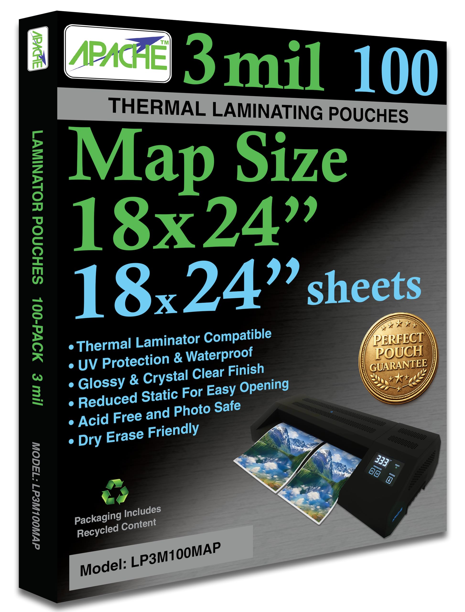 Apache Map Size Laminating Pouches, 3 Mil, 100 Pack, 18 x 24 Inch Pouch Size Laminating Sheets, Thermal Laminator Compatible, Super Clear, Round Corners