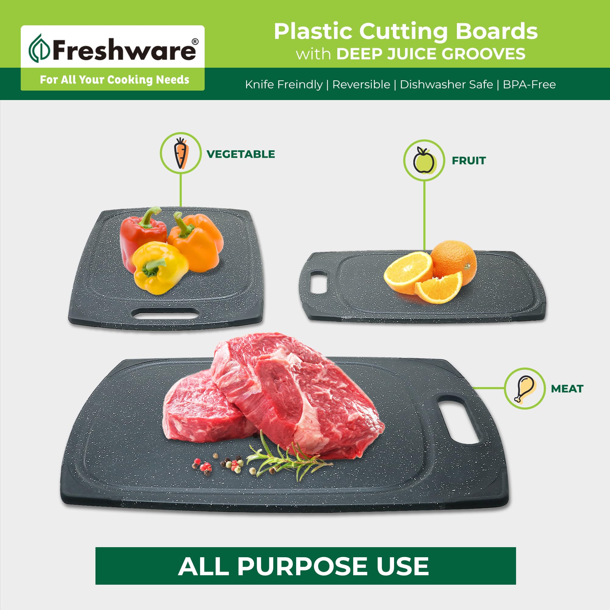 Juego de 3 tablas de cortar de plástico para cocina, ranuras para jugos con mango de fácil agarre, sin BPA, no porosas, aptas para lavavajillas, mármol negro