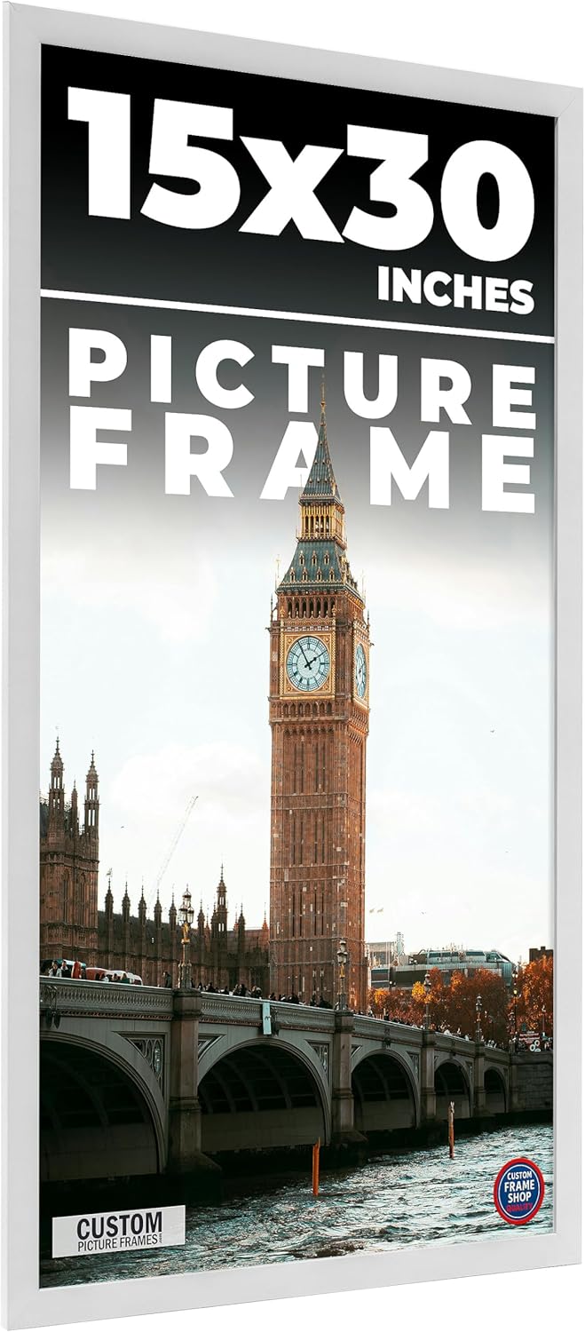 15x30 Frame White Real Wood Picture Frame Width 0.75 Inches | Interior Frame Depth 0.5 Inches | Bianca Mid Century Photo Frame Complete with UV Acrylic, Foam Board Backing & Hanging Hardware