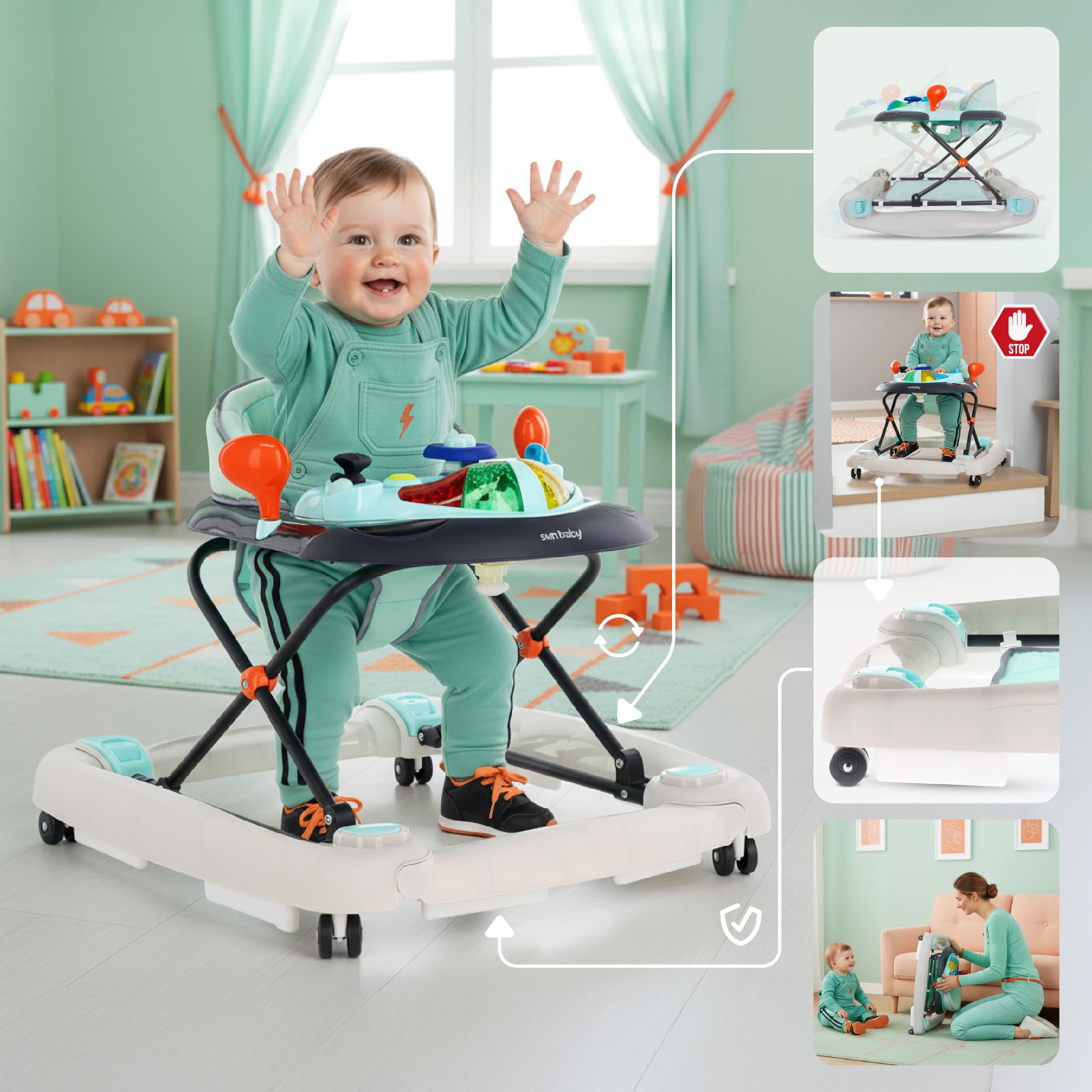 sun baby Chodzik pchacz, pomoc w nauce chodzenia, regulacja wysokości, funkcja kołyski, gumowe kółka (Niebieski)