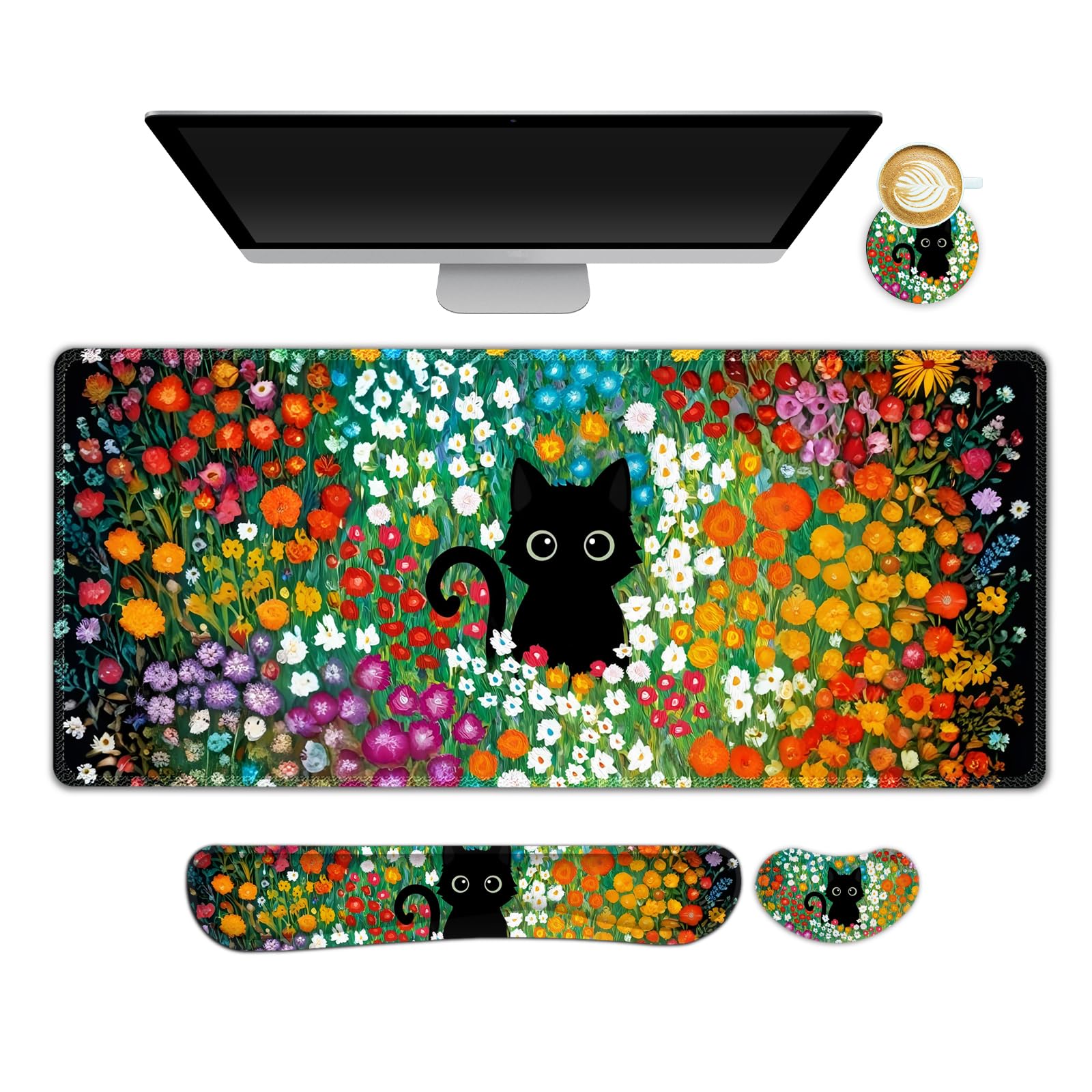 NXZGO Large Gaming Mouse Pad Set, 4 in1 Ergonomics Keyboard Desk Mat w/Memory Foam Wrist Rest, Computer Extended Game Mousepad, Non-Slip Desk Matt Easy Typing Pain Relief I Multicolored Flower Cat