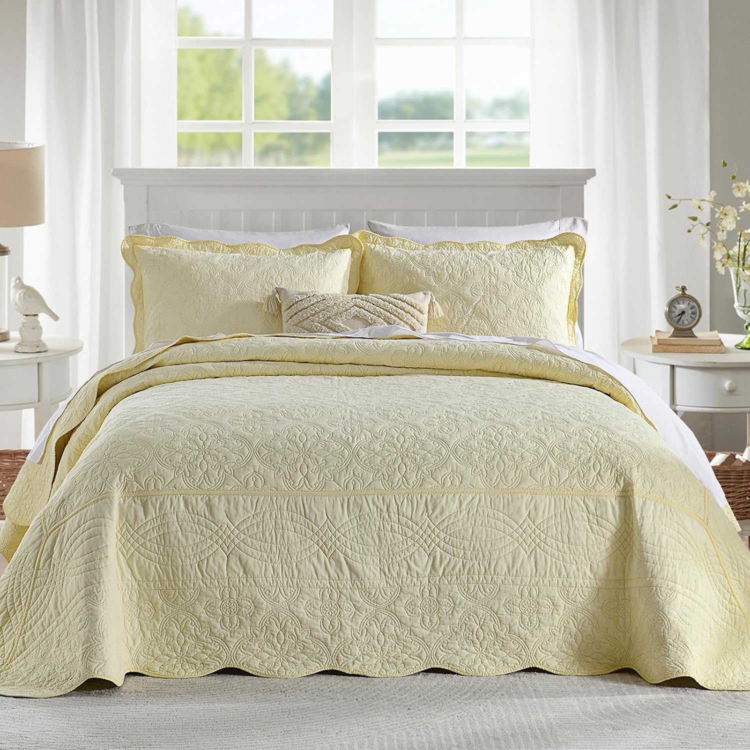 Finlonte Oversized Queen Bedspread 120"x102" - 100% Cotton Floral Embroidery Quilted Bedspread, Solid Cream Bedspread Coverlet Set, Lightweight Soft Extra Large Queen Quilt with 2 Pillowshams