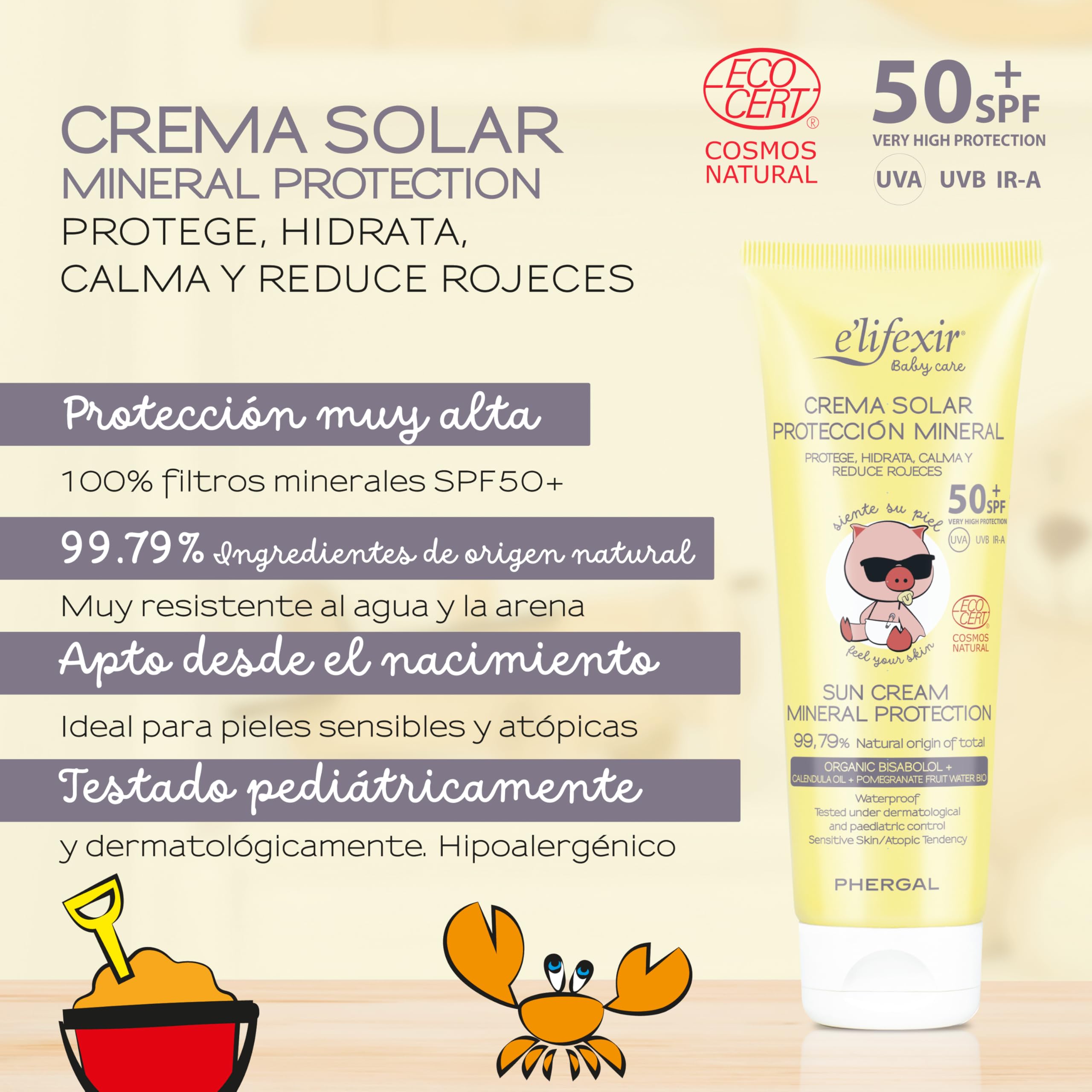 Elifexir Baby Care Crema Solar 100% Mineral Niños y Bebés, UVA, UVB e IR-A SPF 50+, 99% Ingredientes Naturales, dermatológica y pediátricamente testado, Resistente al Agua, Rostro y Cuerpo, 100 mL