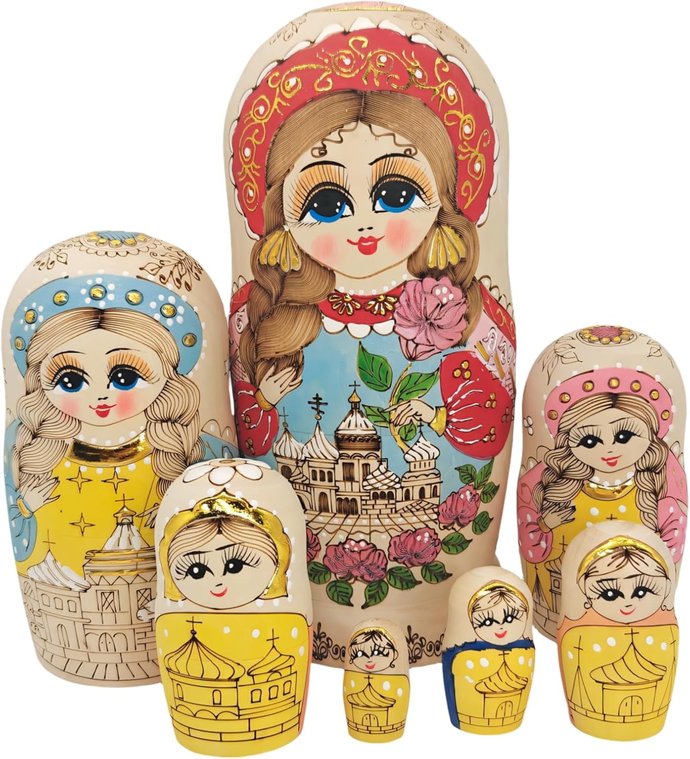 7-Layered Handcrafts Russian Nesting Doll Set Natural Wood Matryoshka Doll with Traditional Pyrography Art Russian Nesting Dolls