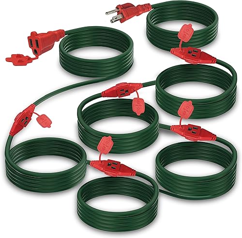 Miniatura 8 de Cable de extensión para exteriores de 25 pies, espaciado uniformemente, 3 enchufes de salida, calibre 163, SJTW, verde, resistente a la intemperie,