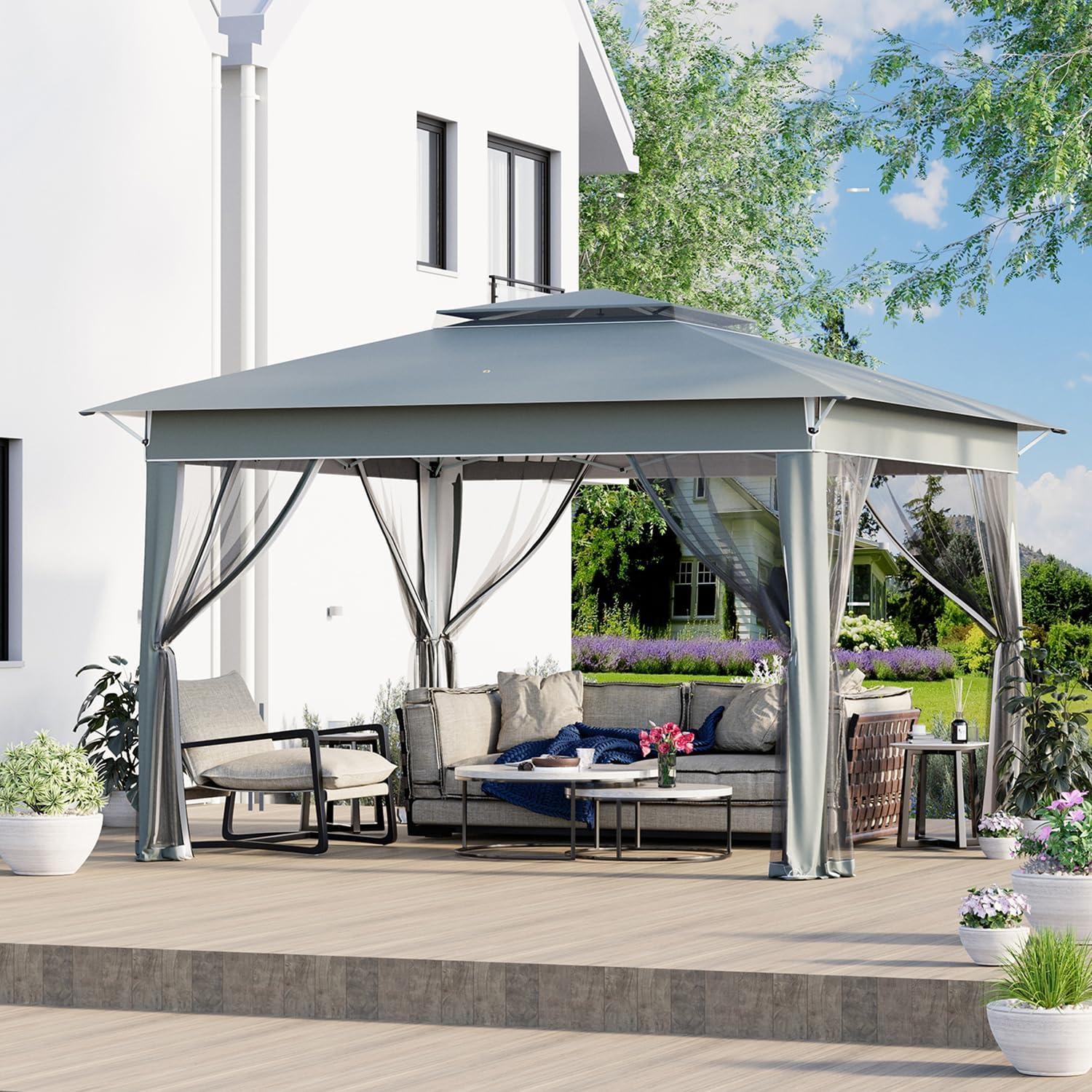 ECOTOUGE 11FT Pop Up Gazebo, Canopy Tent with Mosquito Netting,Instant Shelte Gazebo w/Carrying Roller Bag Waterproof and UV Resistant Canopy Tent for Grill, Garden and Backyard(Dark Grey)