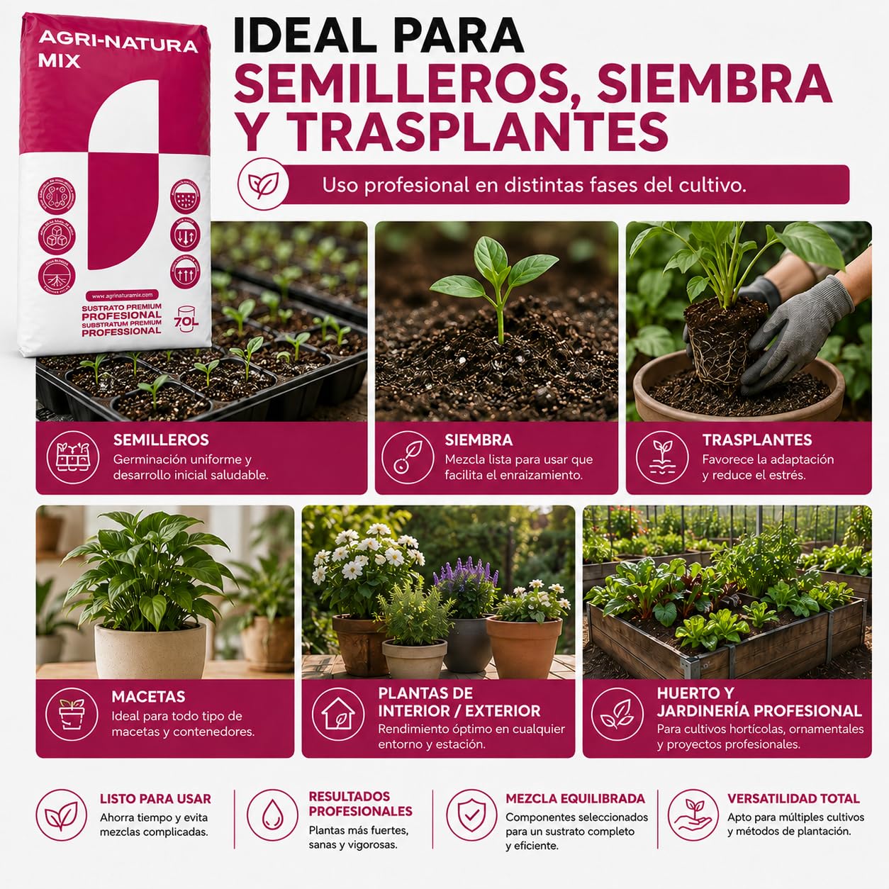 Sustrato Universal Profesional 70L para Plantas y Huerto HM11. Tierra Premium con Turba, Fibra de Coco, Humus de Lombriz, Perlita y Neem, Ideal en Semilleros, Trasplantes y Cultivo Interior/Exterior.