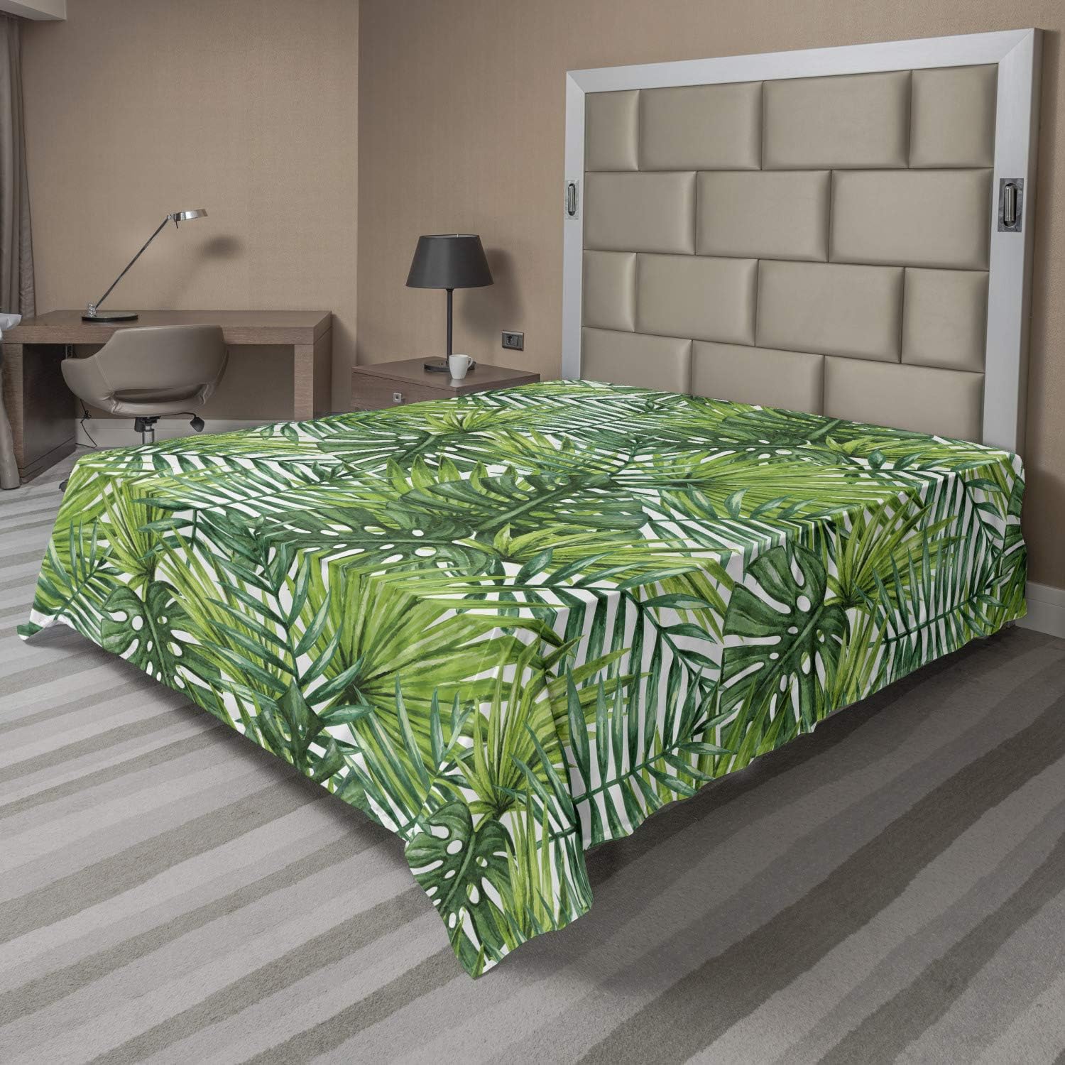 Ambesonne Leaf Flat Sheet, Tropical Exotic Banana Forest Palm Tree Leaves Watercolor Design Image, Soft Comfortable Top Sheet Decorative Bedding 1 Piece, Queen Size, Pale Green Dark Green