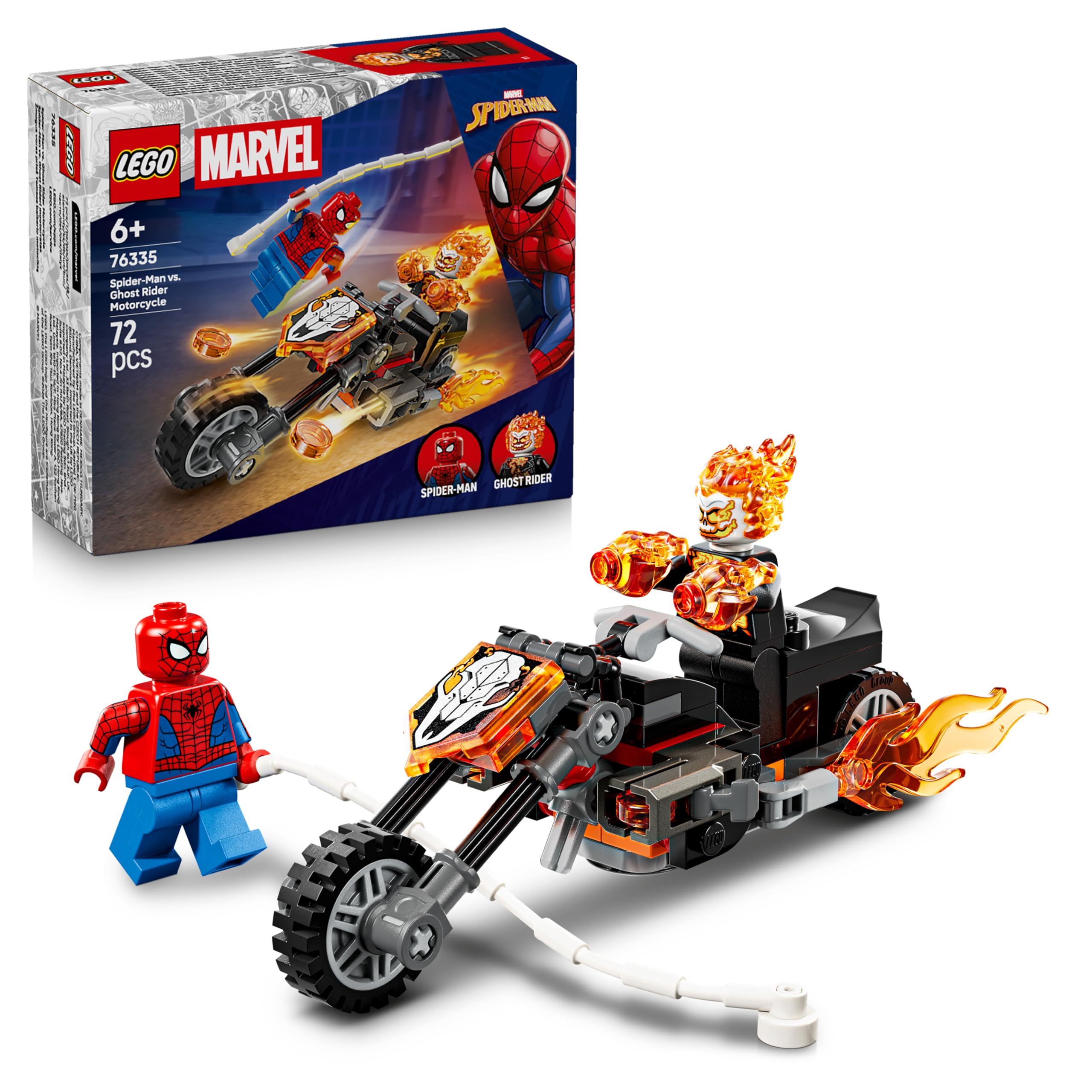 LEGO | Marvel Spider-Man vs. Ghost Rider Motorcycle - Superhero Toy w/a Motorbike Model, 2 Minifigures, Web String & Fire Elements - Gift for 6+ Year Old Boys - 76335