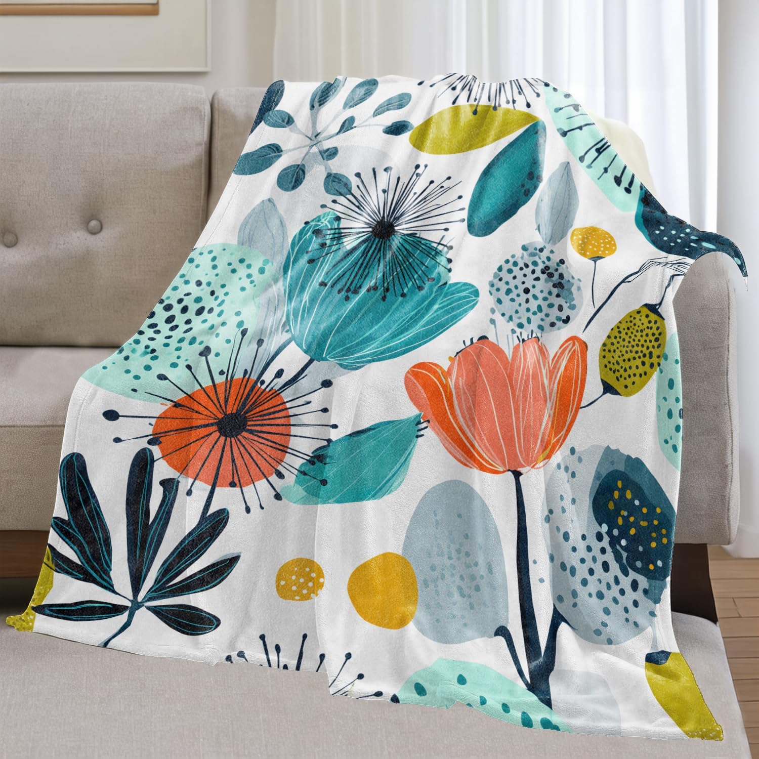 Modern Abstract Floral Flannel Blanket Gifts for Nature Lover,60x50inch,Stylish Botanical Throw Blankets with Colorful Flower on White Background,for Bedroom,Living Room,Camping Decor Throws