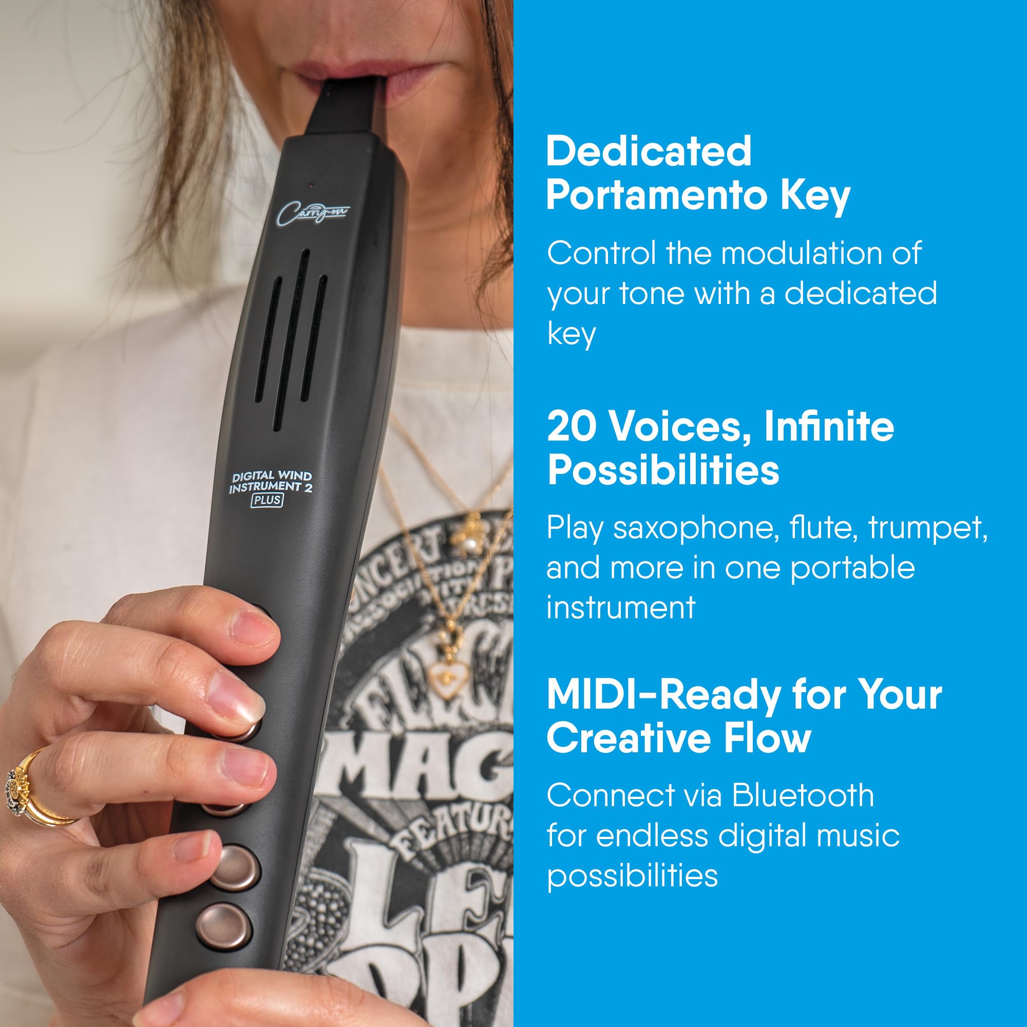 Carry-on Strumento a fiato digitale 2 Plus - 20 voci, batteria ricaricabile USB integrata, uscita cuffie per esercitarsi silenziosamente, registratore digitale Midi Over Bluetooth bianco