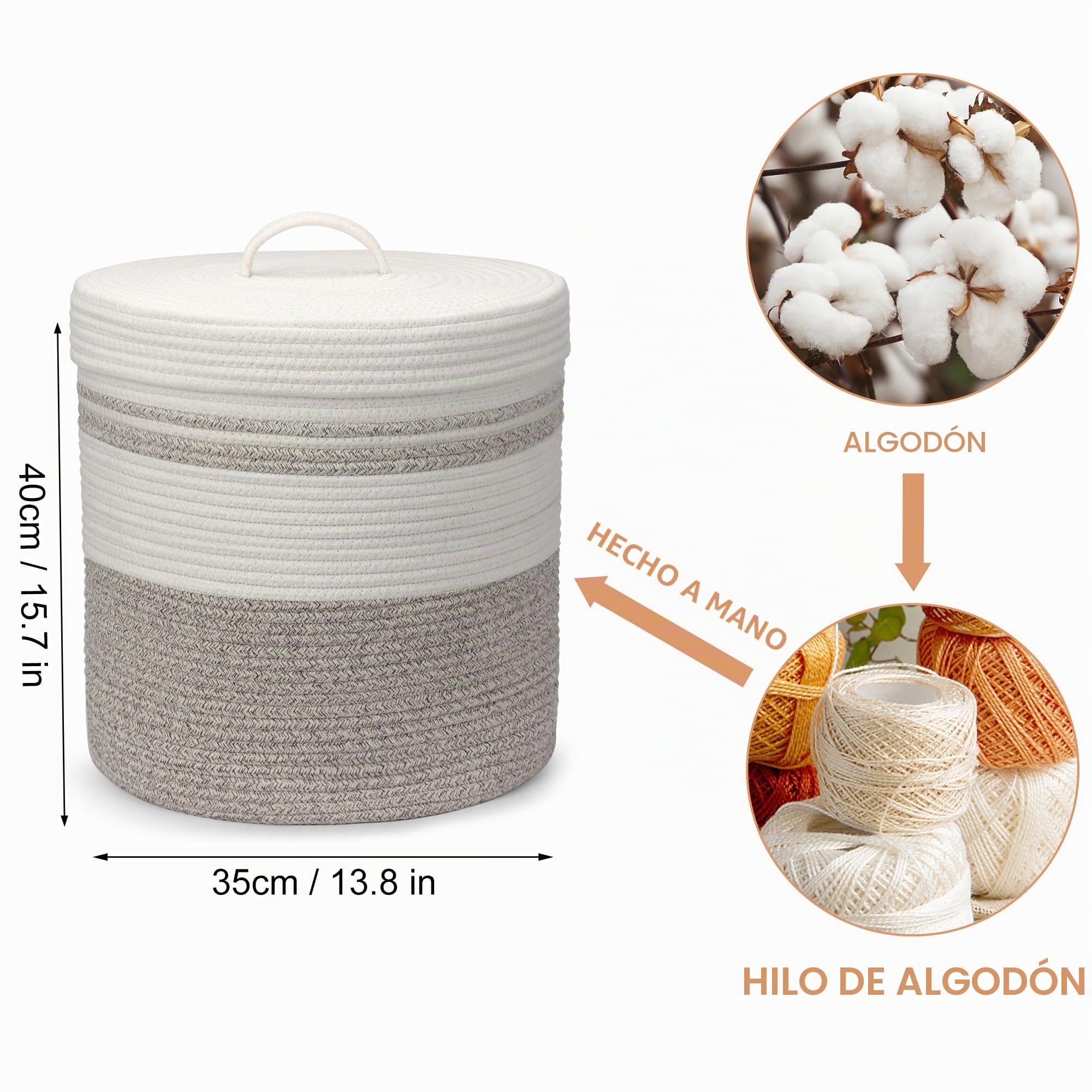 Cesta de lavandería con tapa, cesta tejida para ropa sucia, manta y cesta de almacenamiento de juguetes para sala de estar, dormitorio, baño, guardería (marrón y blanco, 40 L)