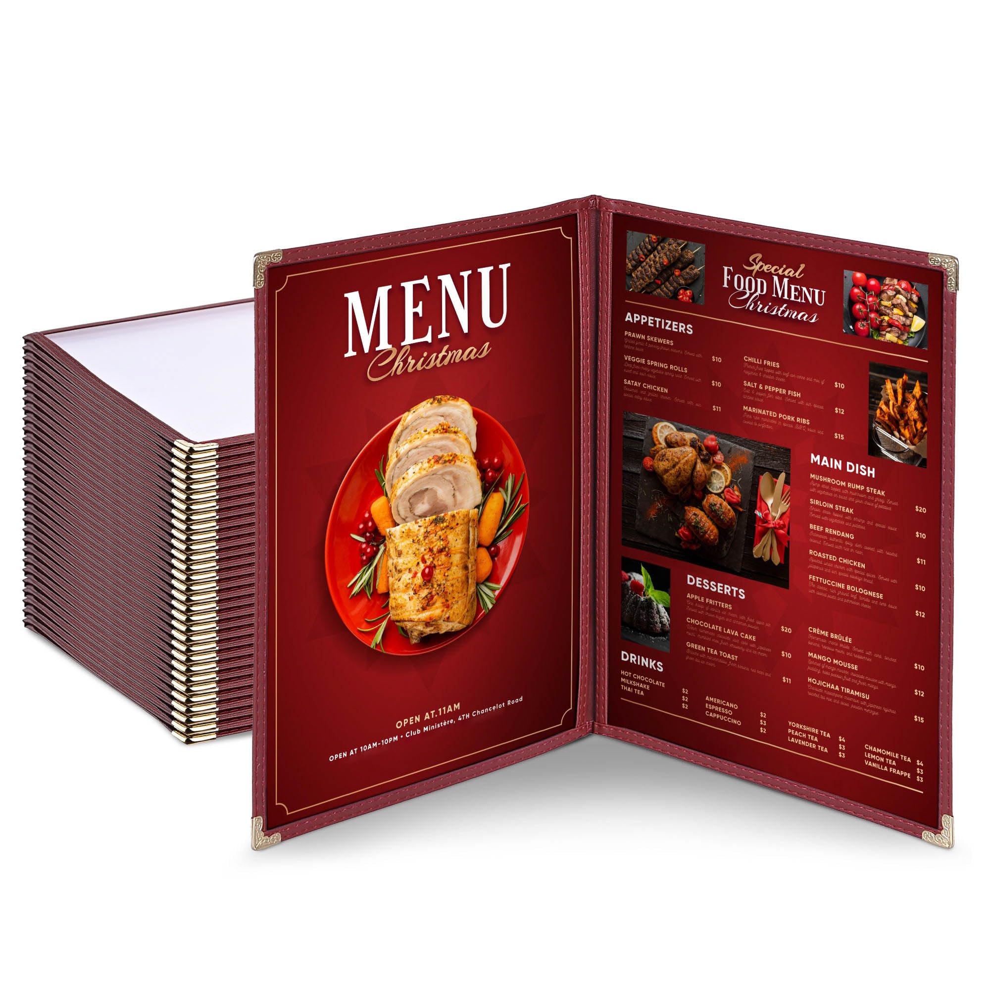 WeChef 30 Pack 8.5" x 11" Restaurant Menu Covers Double Fold 2 Pages 4 Views PVC Transparent Restaurant Menu Holder Book Cafe Hotel Bar Burgundy