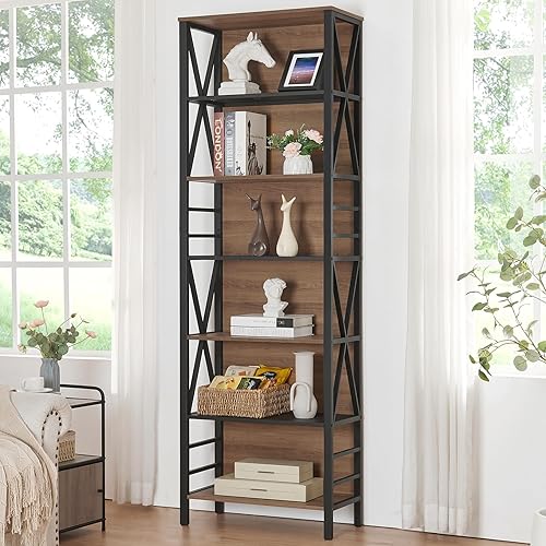 Miniatura 10 de HOMISSUE Estantería de 6 niveles, estantería de metal de madera rústica, estantería abierta independiente, estantería alta industrial para oficina
